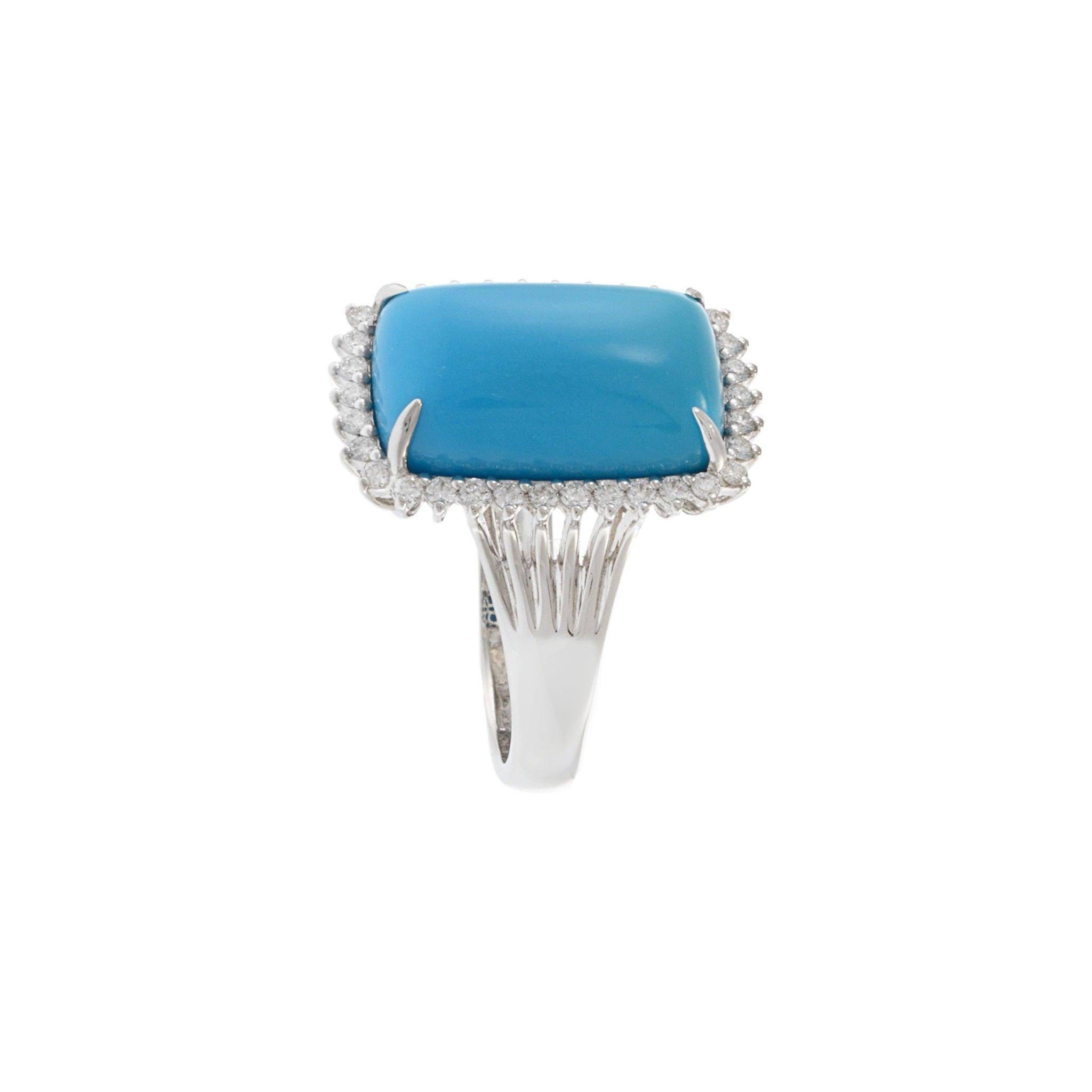 Women's 18KT White Gold Natural Turquoise & Diamond Halo Ring For Sale
