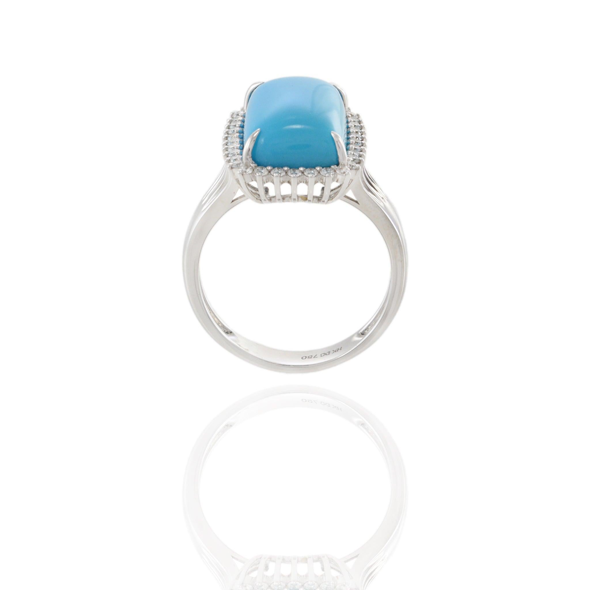 18KT White Gold Natural Turquoise & Diamond Halo Ring For Sale 2