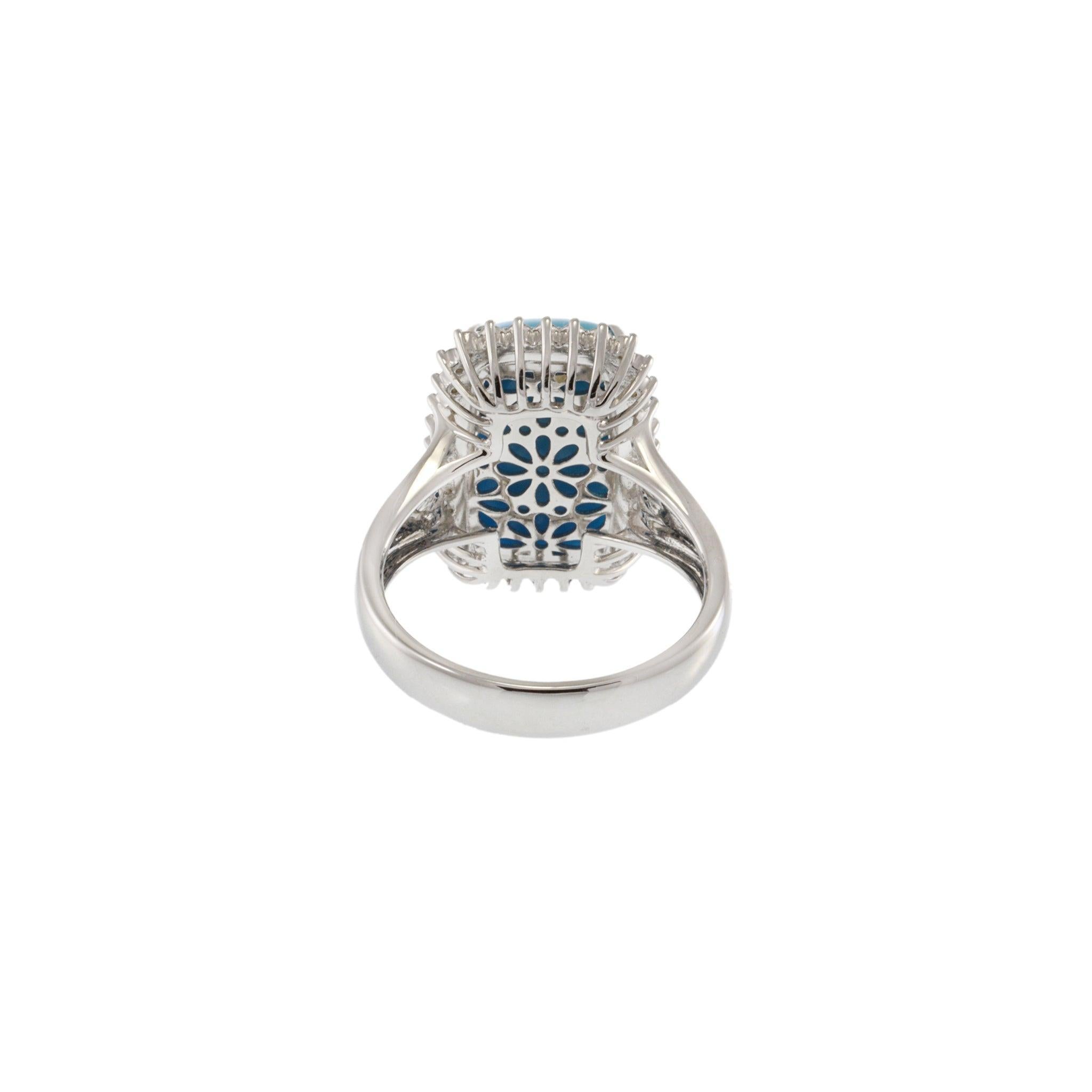 18KT White Gold Natural Turquoise & Diamond Halo Ring For Sale 3