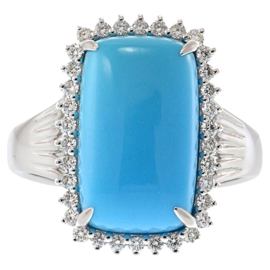 18KT White Gold Natural Turquoise & Diamond Halo Ring For Sale