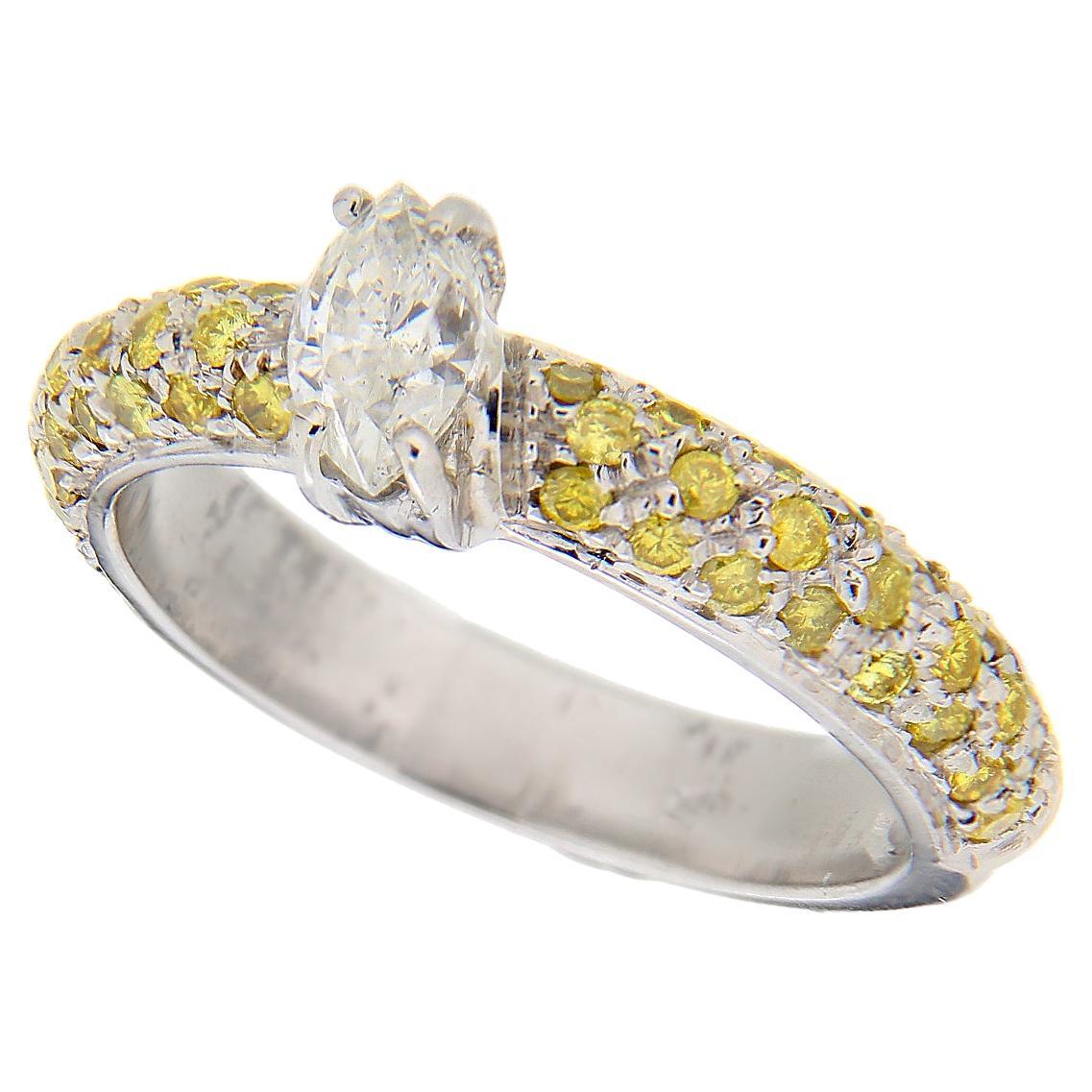 18Kt White Gold Navette Shape Diamond & Yellow Sapphires Pavé