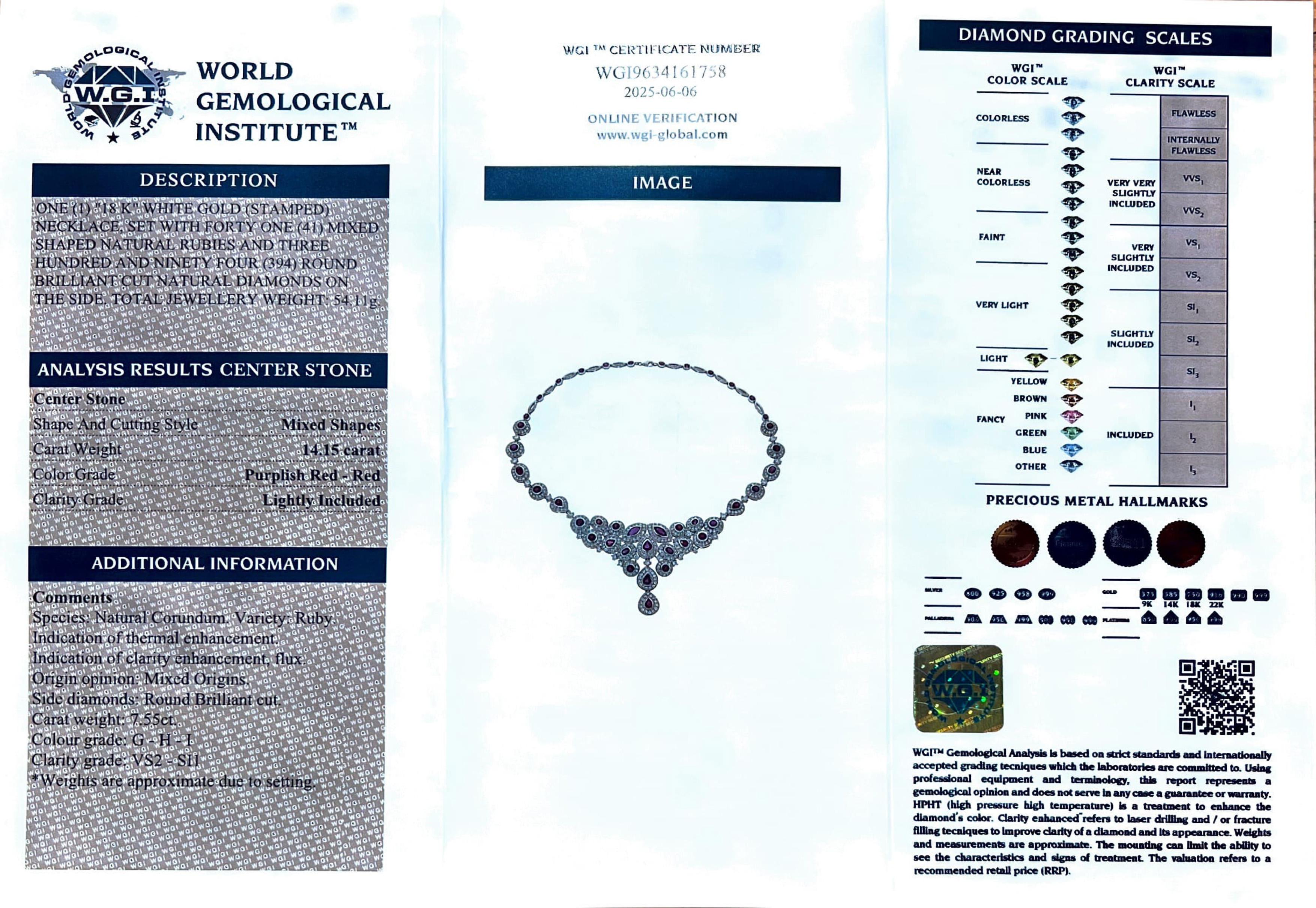 Brilliant Cut 18kt White Gold Necklace with 7.55ct Diamonds & 14.15ct Rubies For Sale