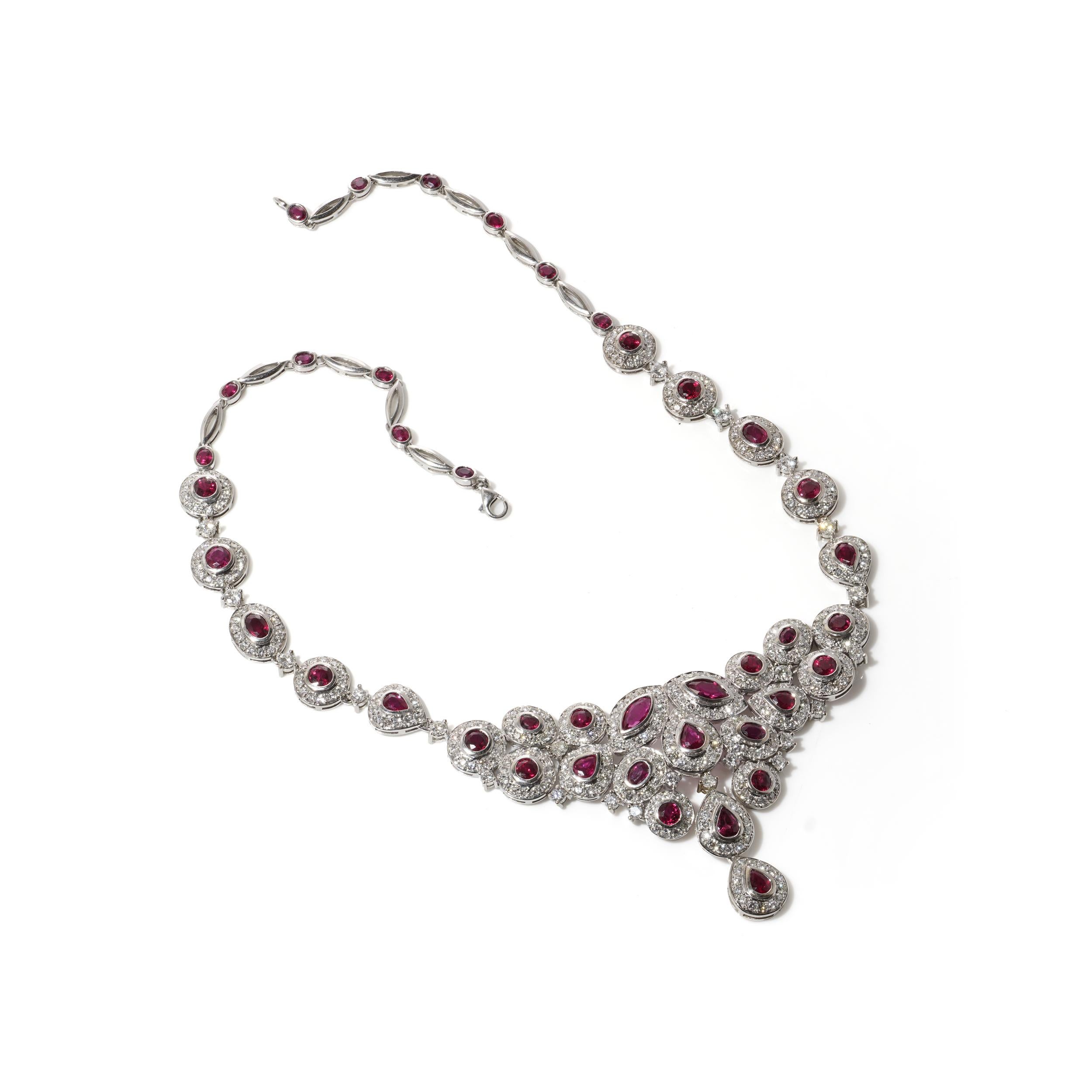 18kt White Gold Necklace with 7.55ct Diamonds & 14.15ct Rubies For Sale 2