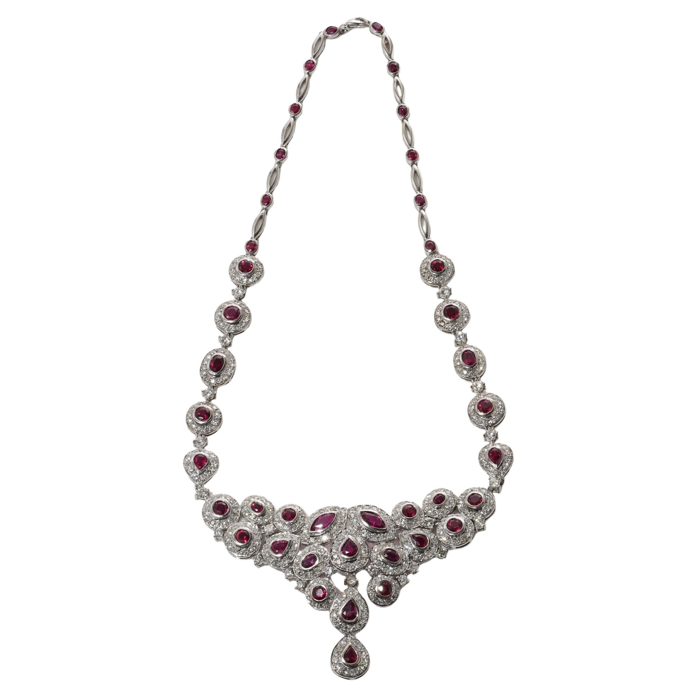 18kt White Gold Necklace Set with Diamonds and Rubies.