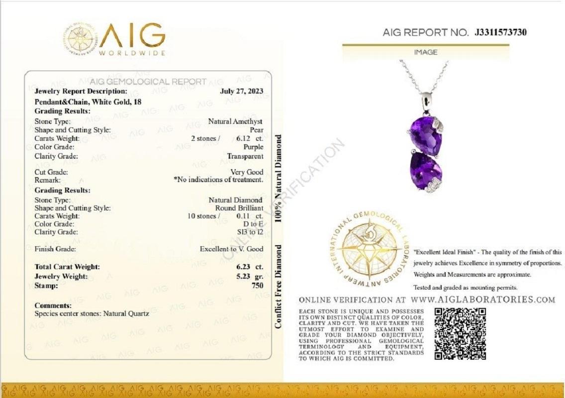 Dazzling 6.12 Carat Pear Amethyst Necklace with 0.11 Carat Side Diamonds in 18K White Gold

This stunning necklace features a 6.12-carat pear-shaped natural amethyst, surrounded by 0.11 carat of round brilliant diamonds. The necklace is made of 18K