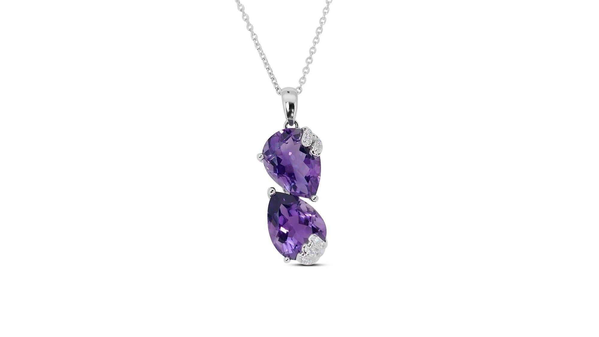 Pear Cut 18kt. White Gold Necklace w/ 6.23ct Natural Amethyst & Natural Diamonds AIG Cert