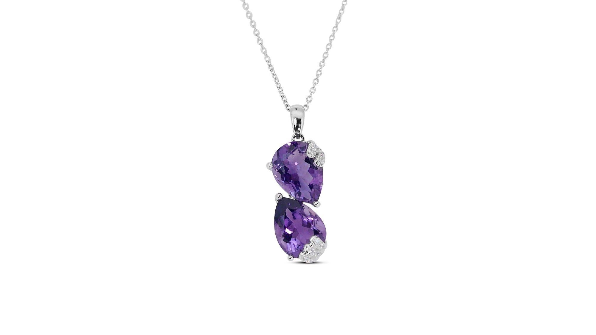 18kt. White Gold Necklace w/ 6.23ct Natural Amethyst & Natural Diamonds AIG Cert In New Condition In רמת גן, IL