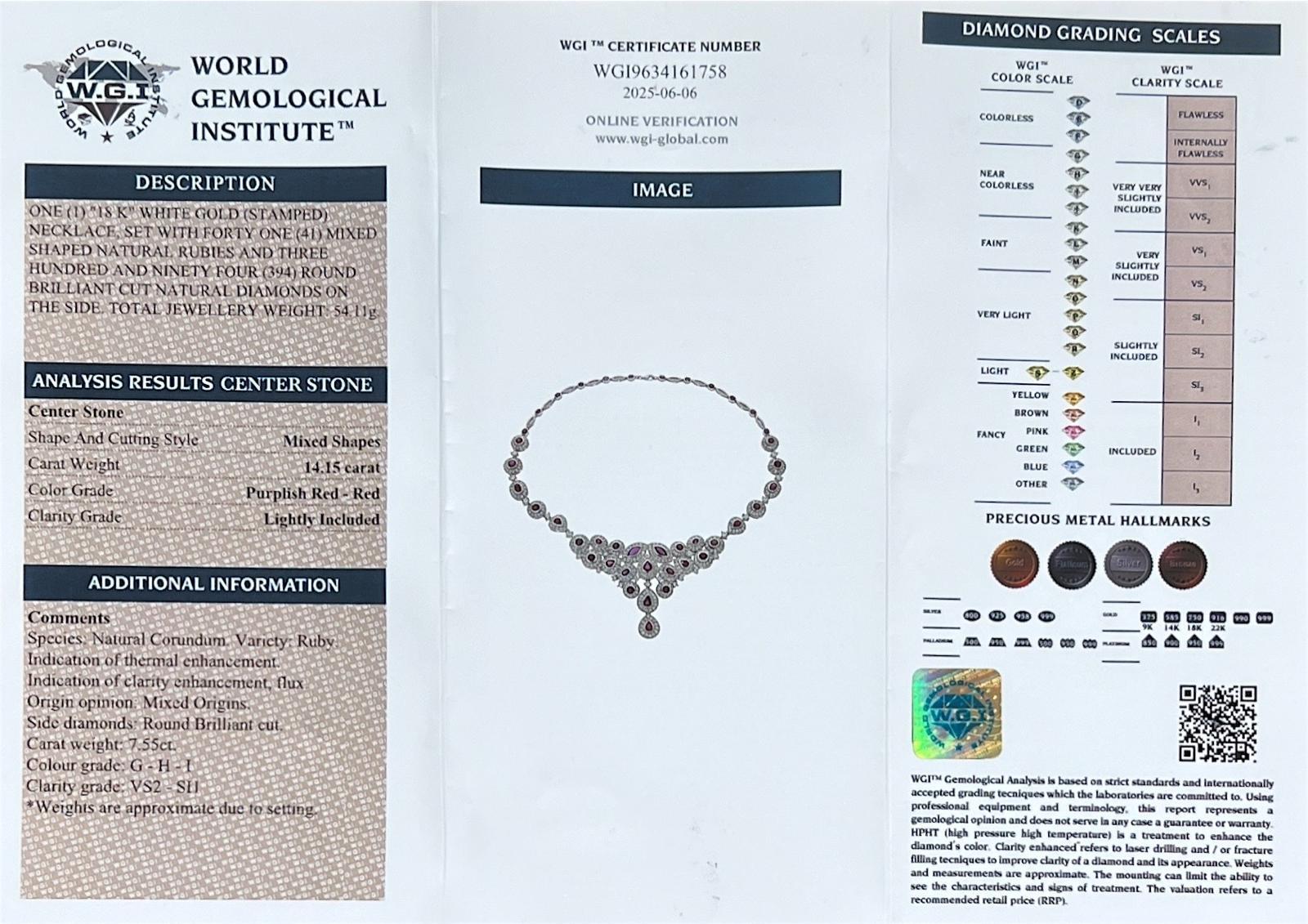 Collar de oro blanco de 18 quilates engastado con diamantes y rubíes. Corte brillante en venta