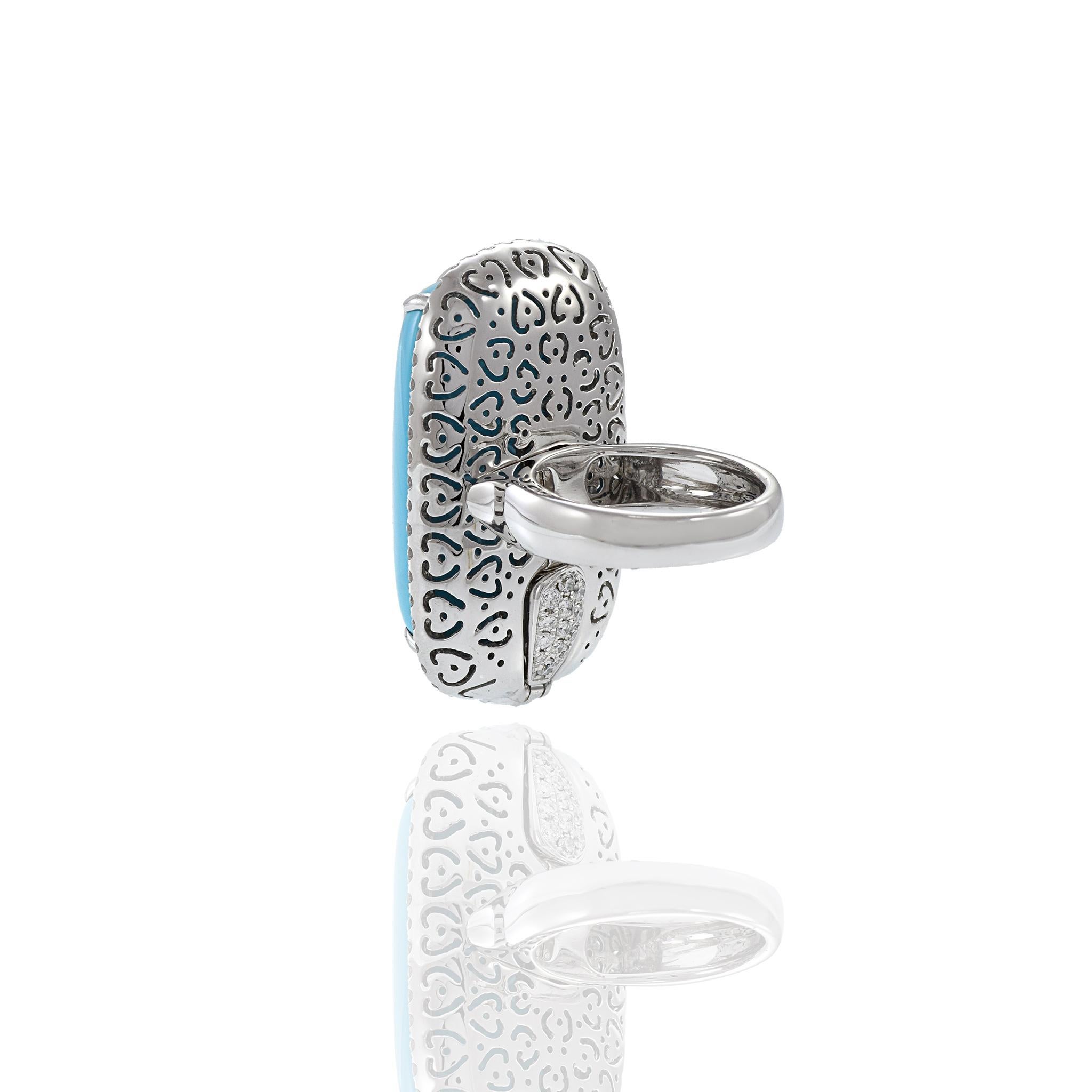 18KT White Gold Oblong Turquoise And Diamond Ring 4