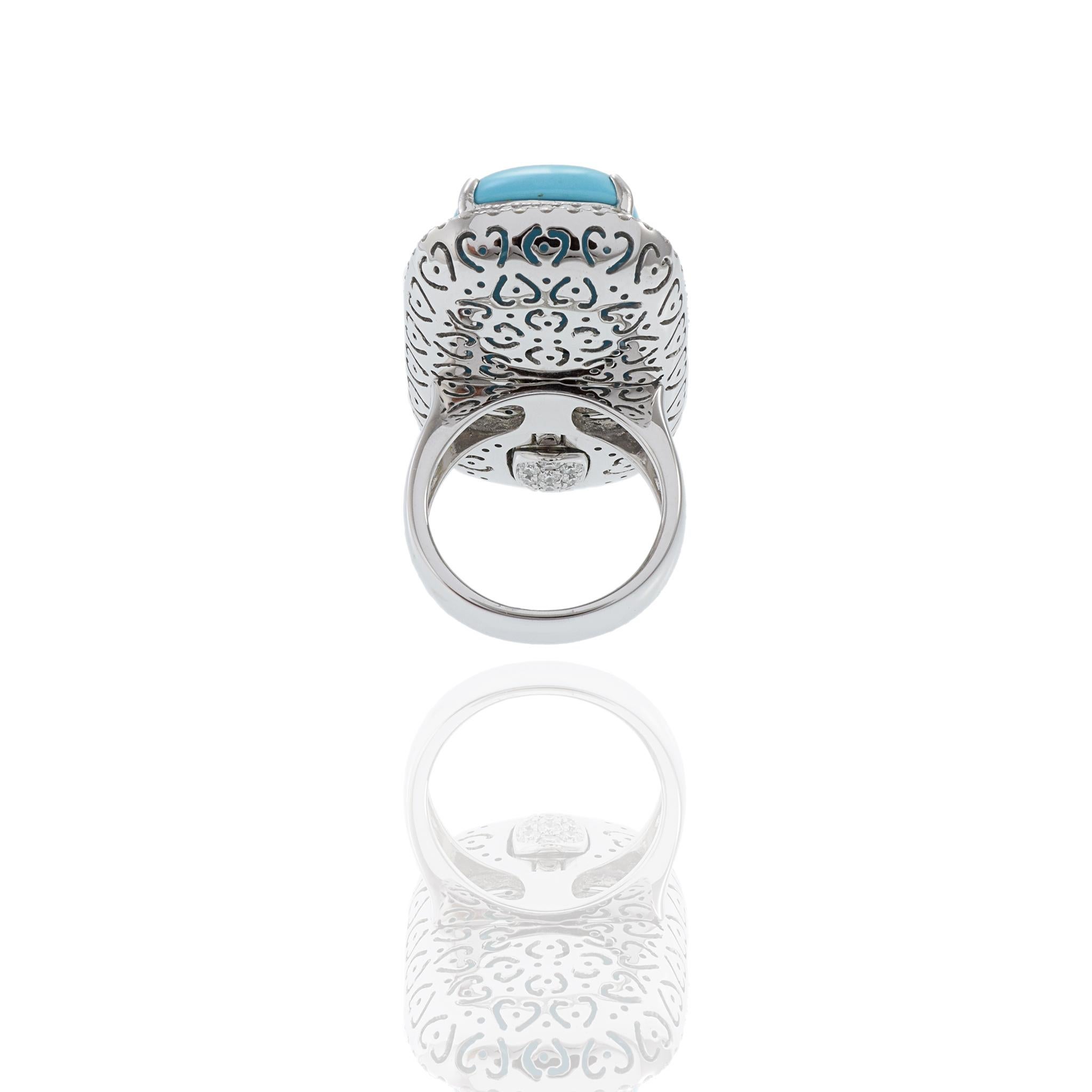 18KT White Gold Oblong Turquoise And Diamond Ring 6