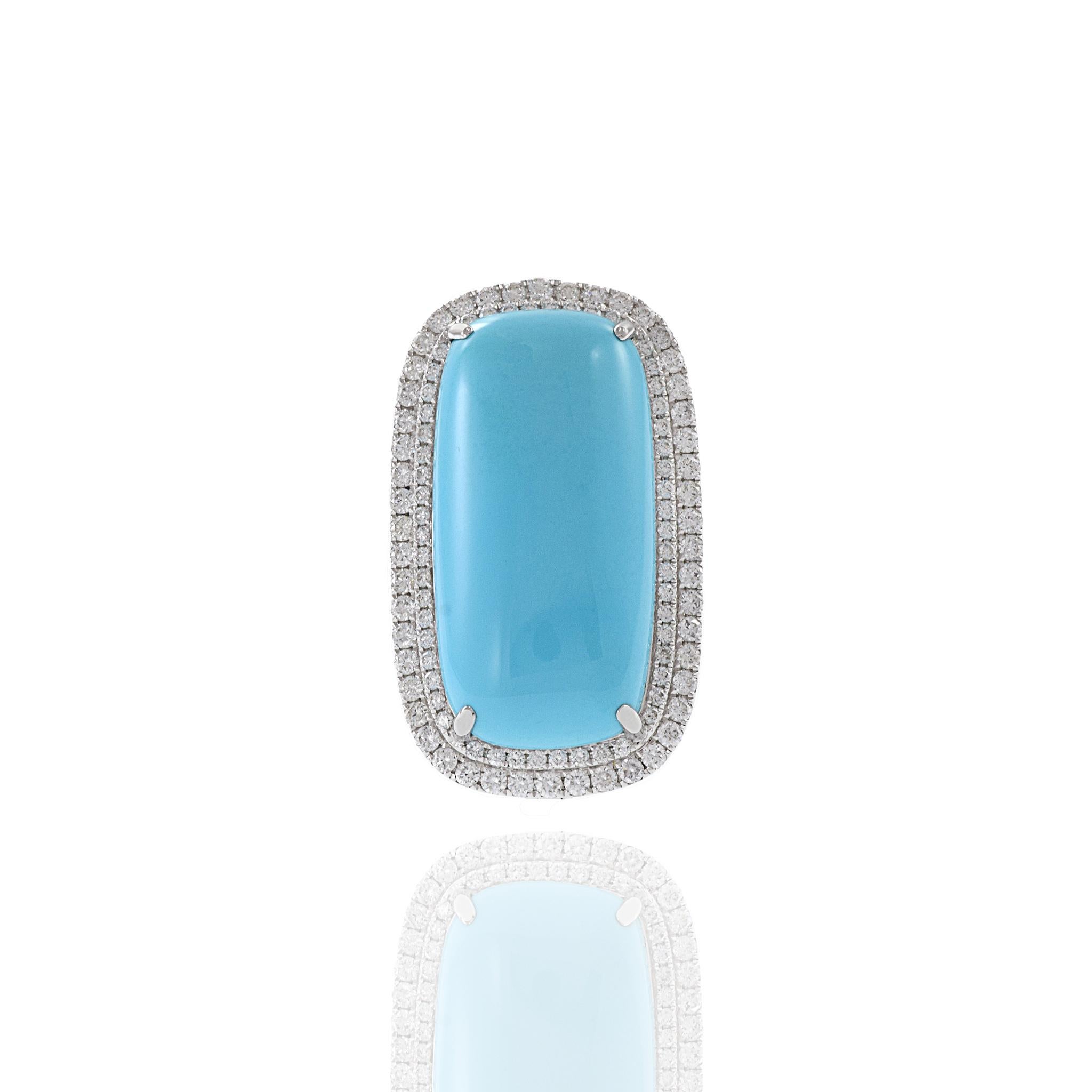 Modern 18KT White Gold Oblong Turquoise And Diamond Ring