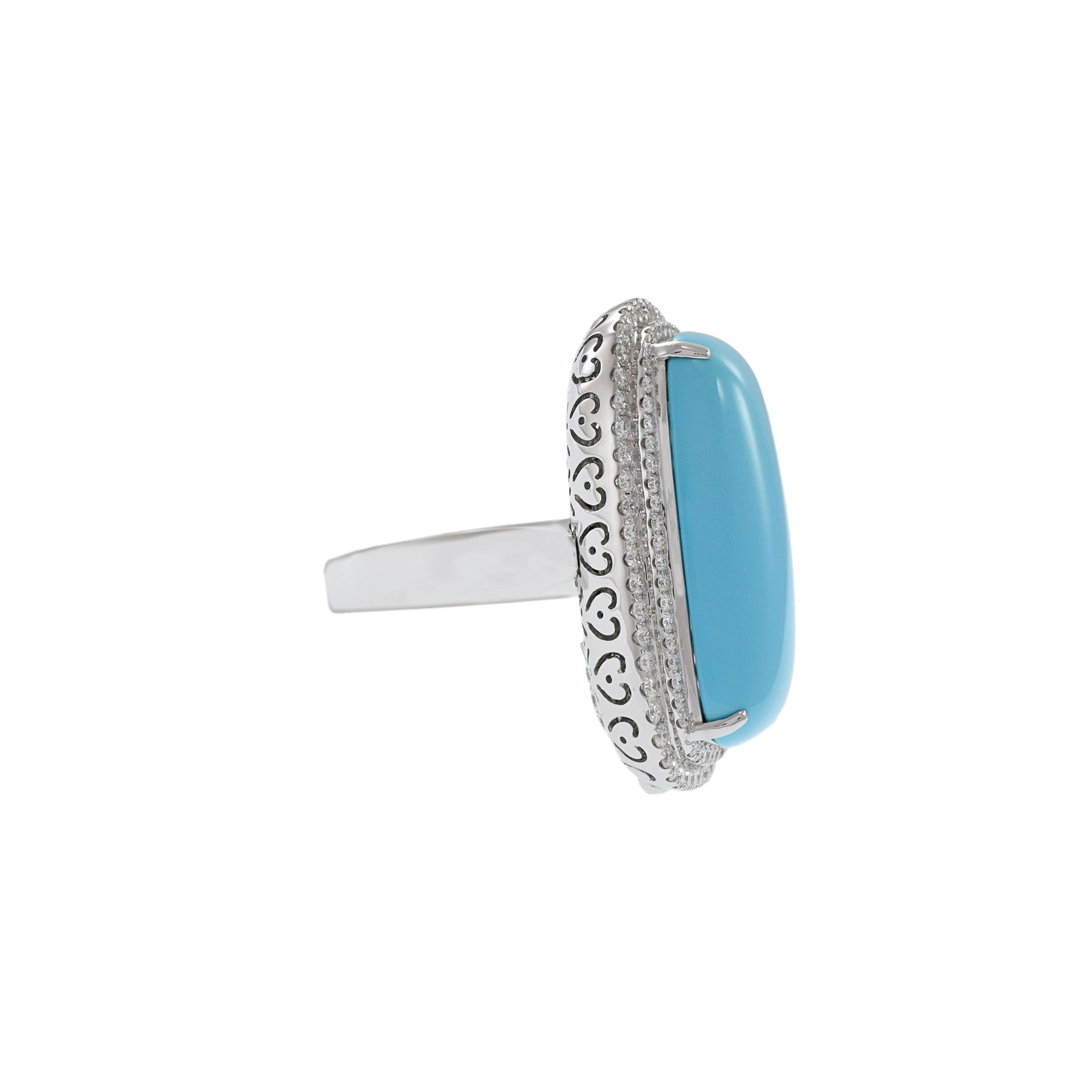 Round Cut 18KT White Gold Oblong Turquoise And Diamond Ring