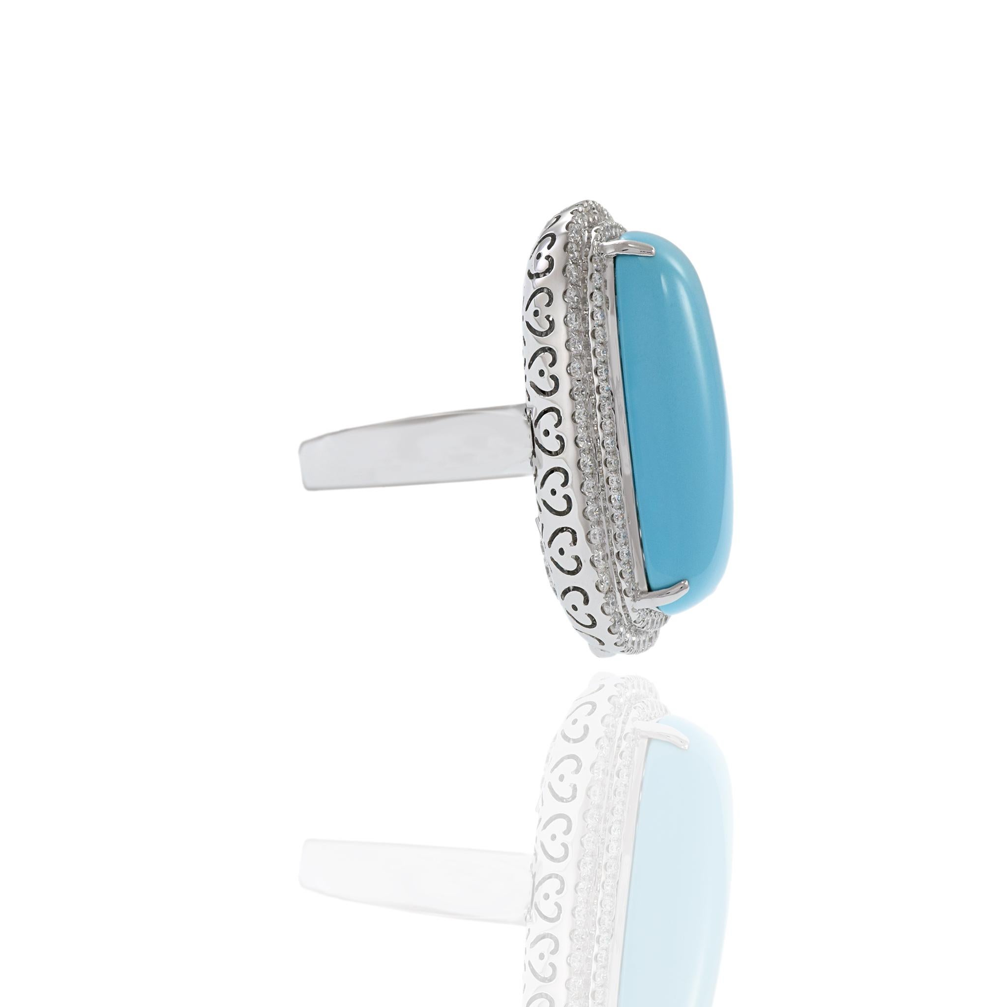 18KT White Gold Oblong Turquoise And Diamond Ring In Excellent Condition In New York, NY