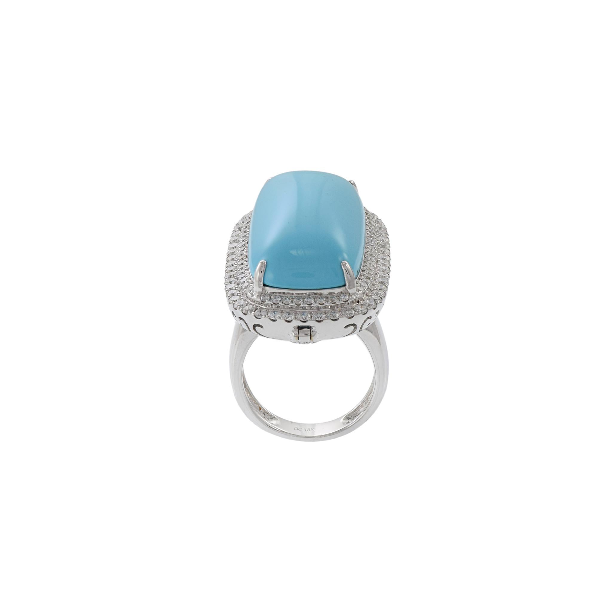 Women's or Men's 18KT White Gold Oblong Turquoise And Diamond Ring