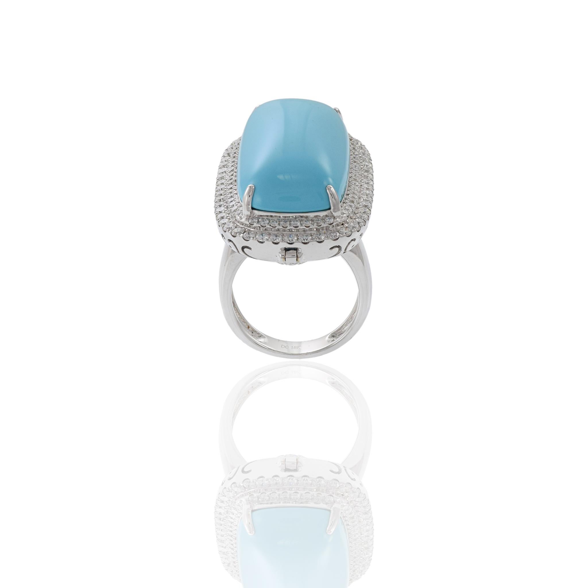 18KT White Gold Oblong Turquoise And Diamond Ring 1