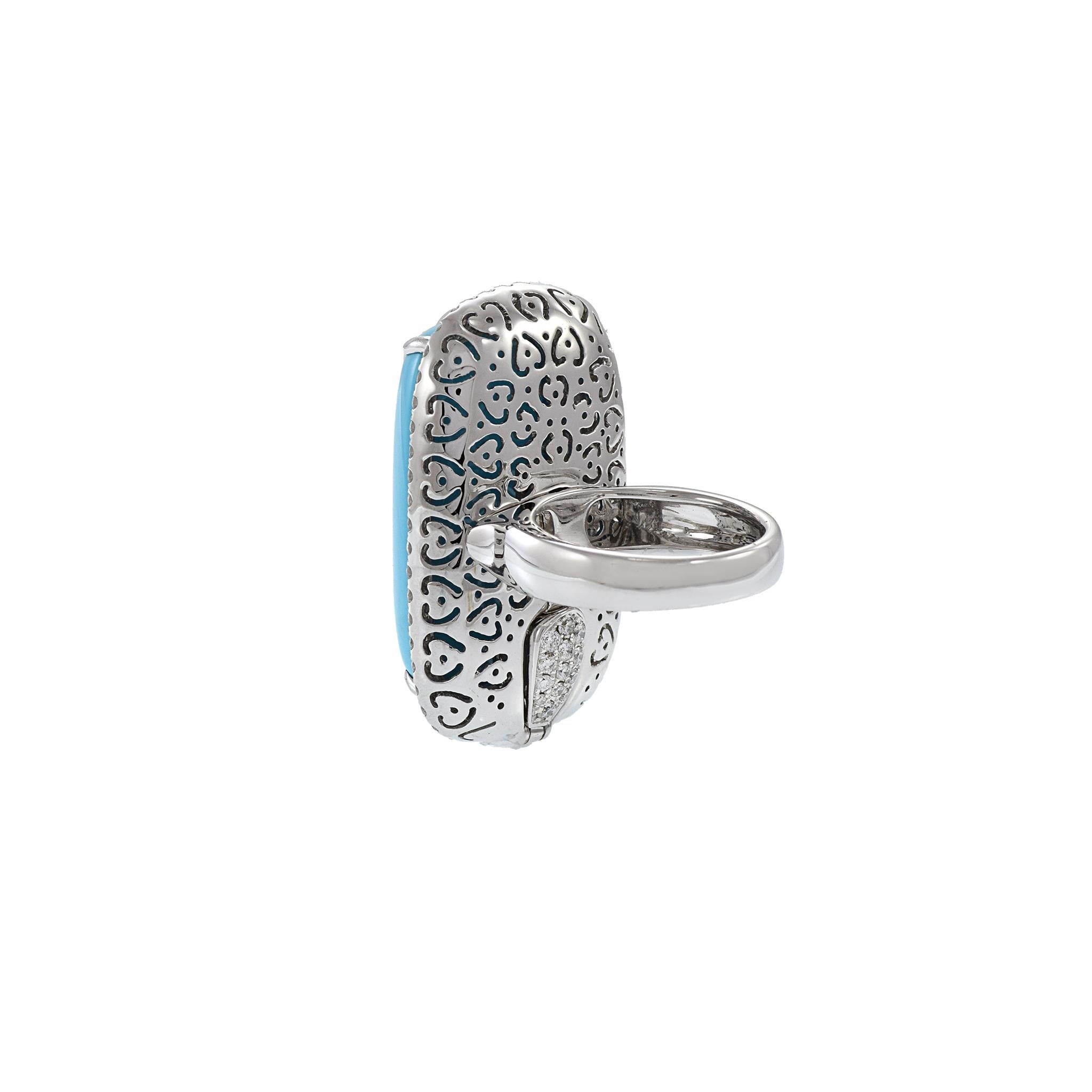 18KT White Gold Oblong Turquoise And Diamond Ring 3