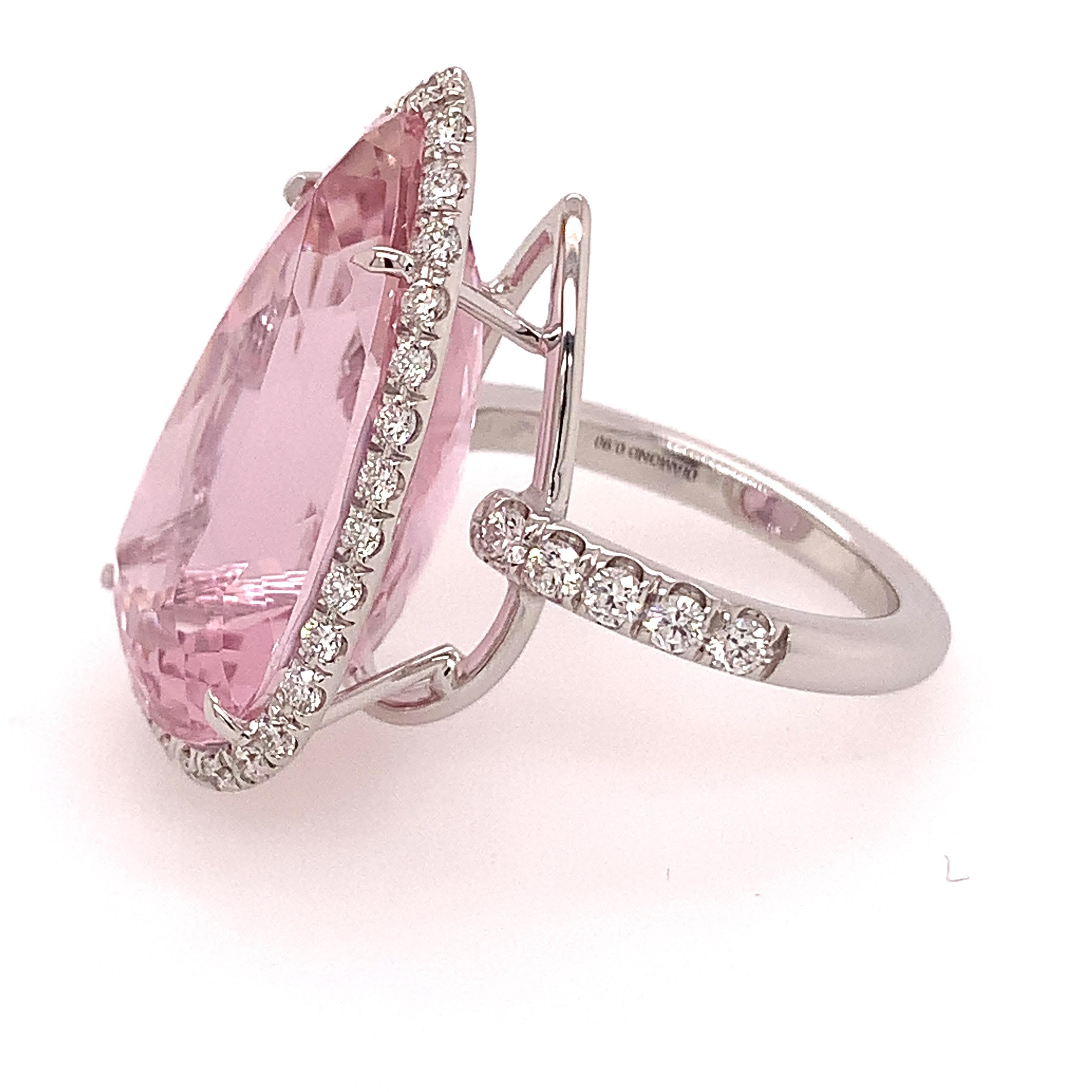 On sale on First Dibs only for 3 week.  This beautiful ring is a stunning piece created in Valenza.  18kt white gold grs 6,80  a beautiful pearshape kunzite ct 22,47 ,  and white diamonds  ct 0,90
Made In Italy in Valenza. 
Dont miss a special sale