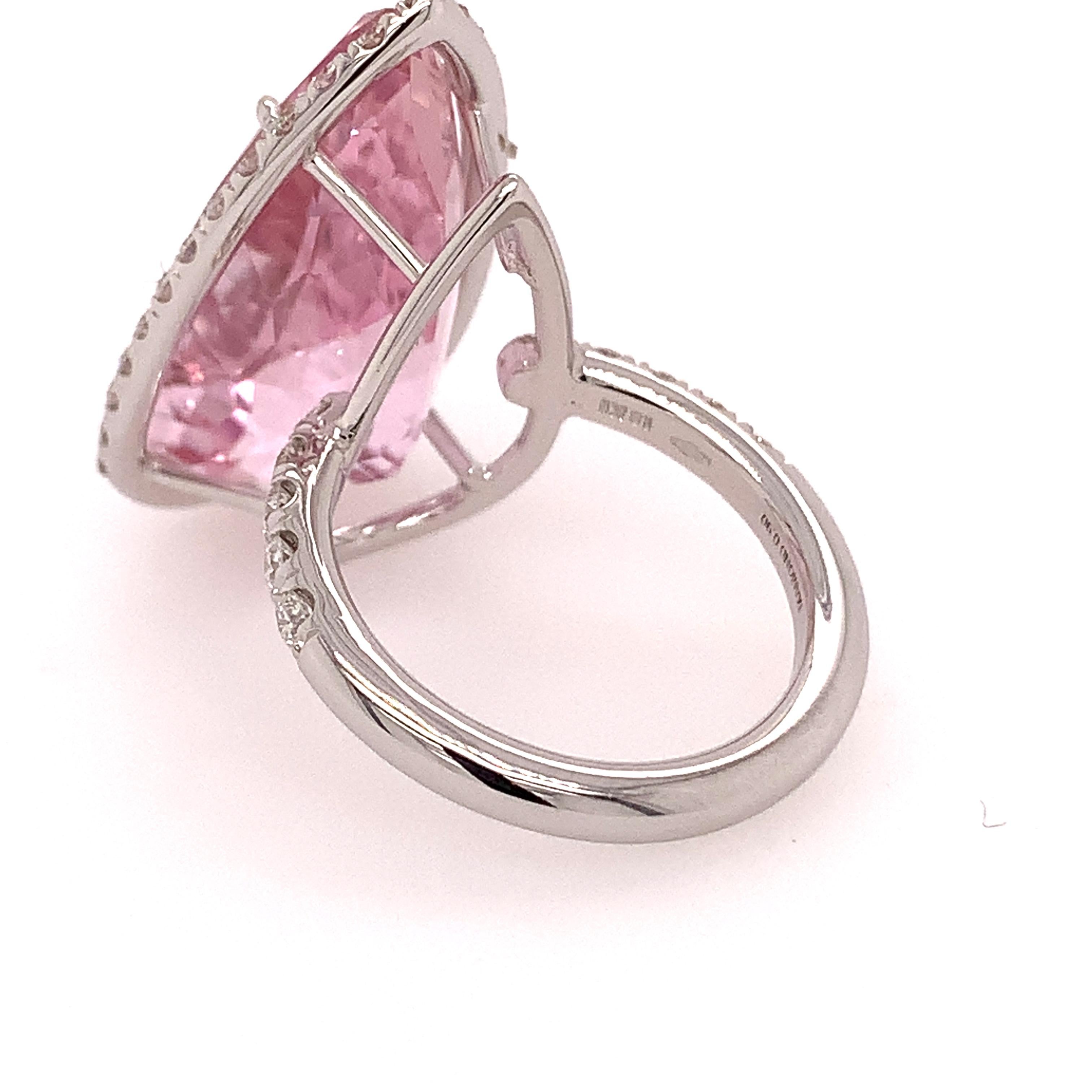 Modern 18kt White Gold One of a Kind Ring with 22, Ct Kunzite and Diamonds