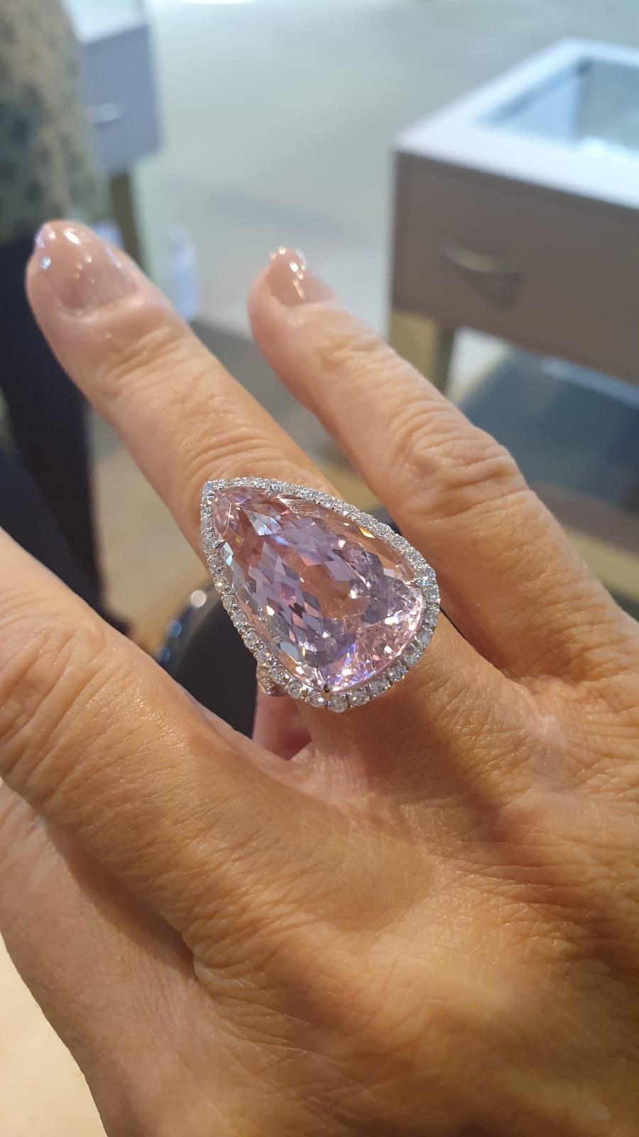 18kt White Gold One of a Kind Ring with 22, Ct Kunzite and Diamonds 2
