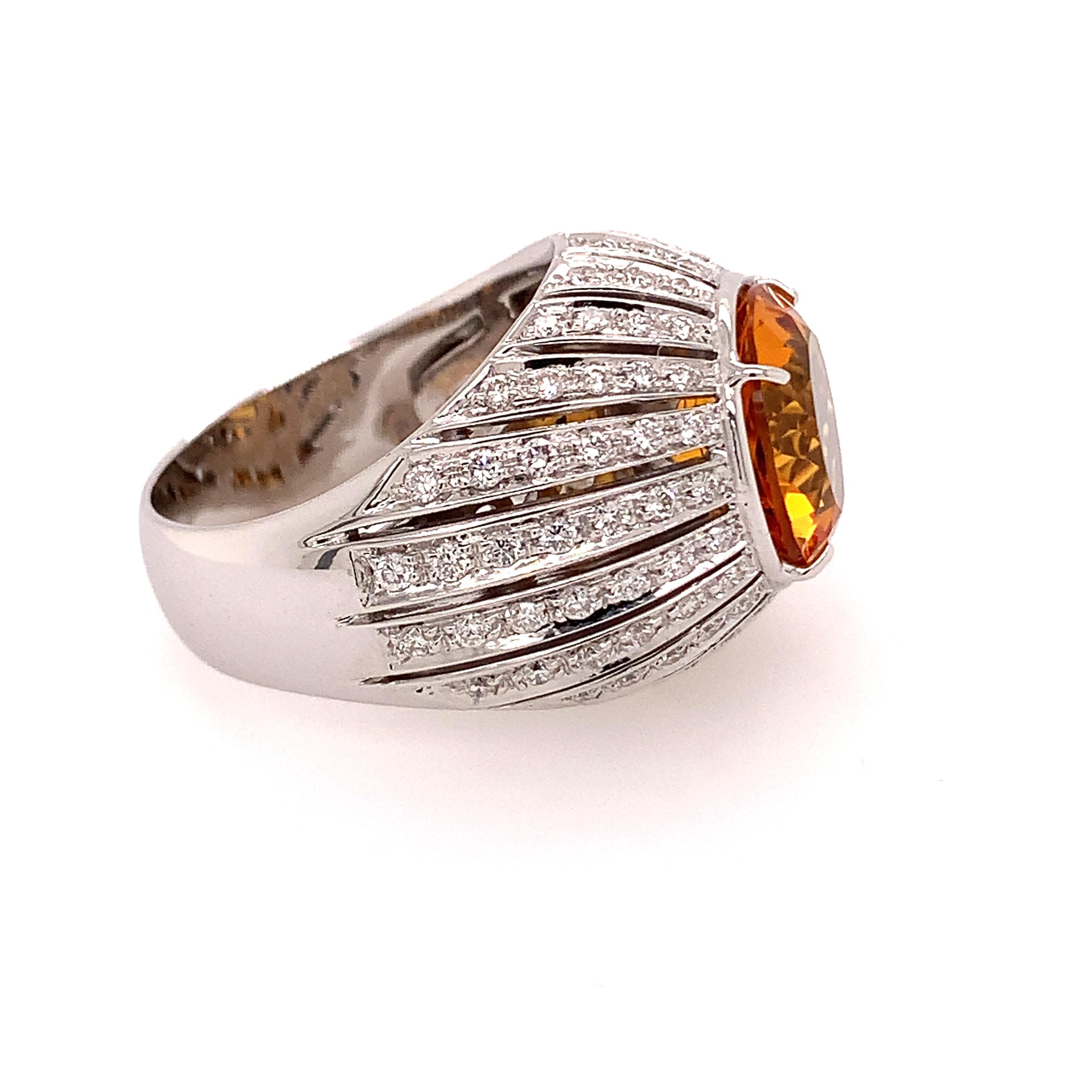 On sale on First Dibs only for 3 week.  This beautiful ring is a stunning piece created in Valenza.  18kt white gold grs 15,40  a beautiful round citrine ct 5,21 ,  and stripes of white diamonds ct 1,14
Made In Italy in Valenza. 
Dont miss a special