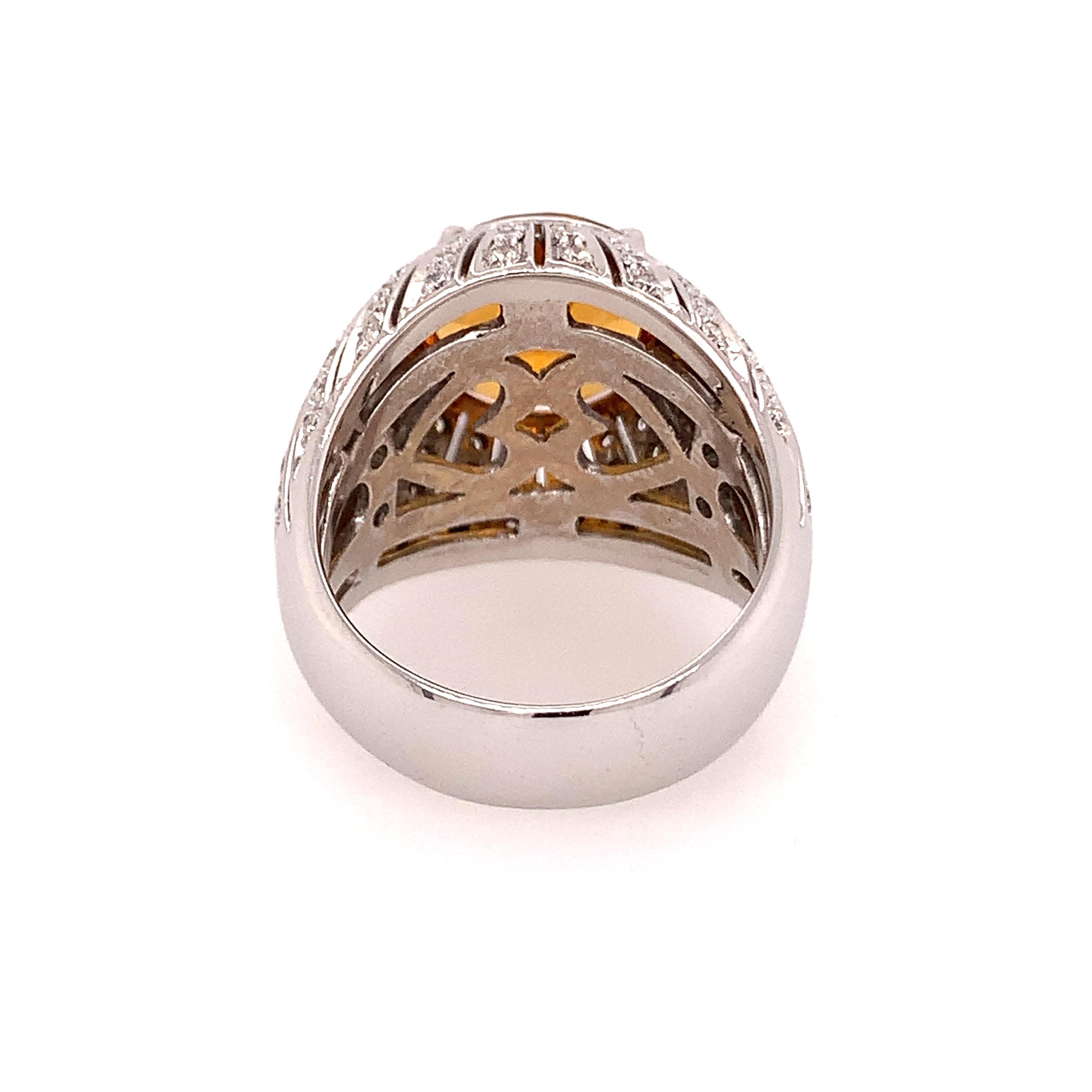 Round Cut 18kt White Gold One of a Kind Ring with 5 Ct Citrine and Diamonds