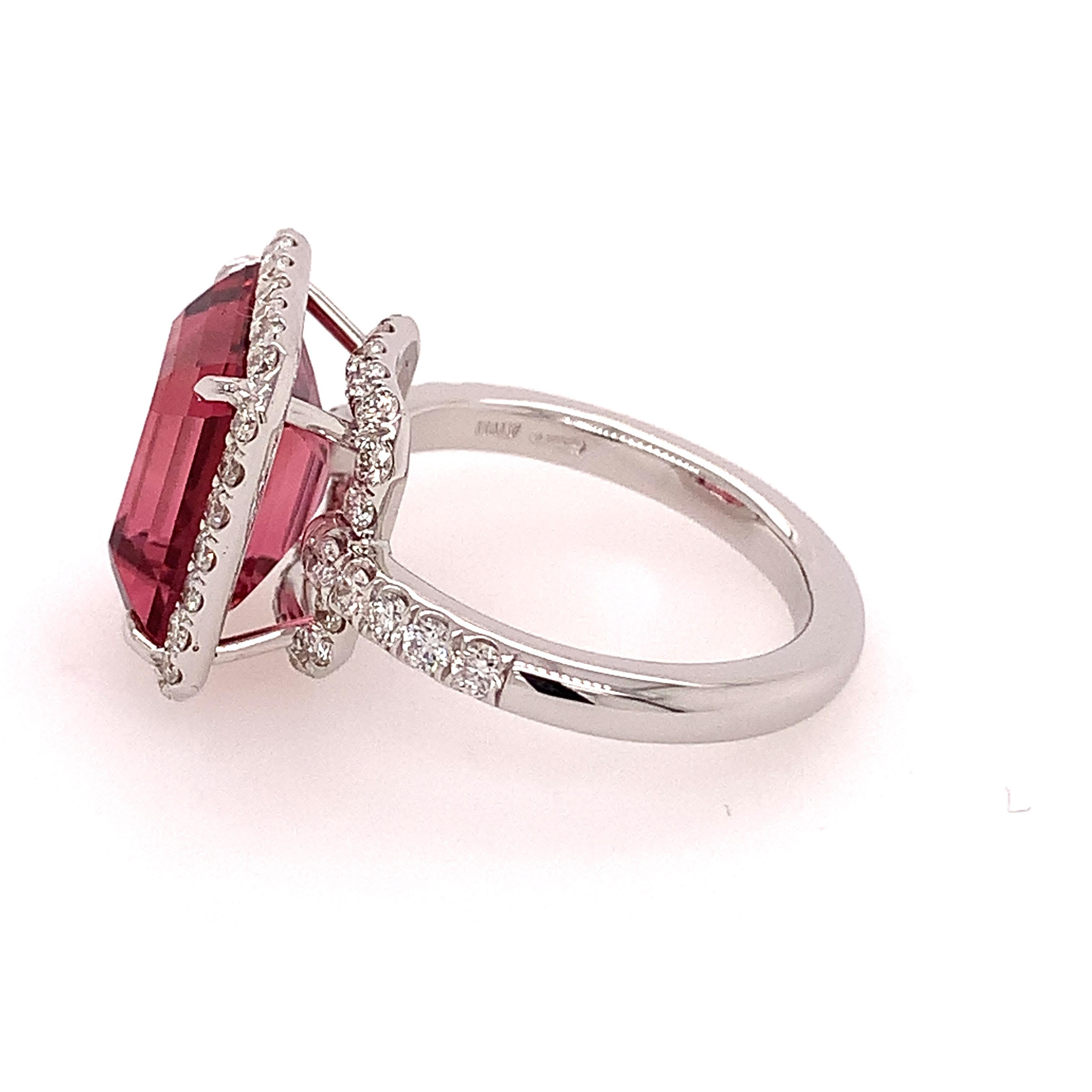Modern 18kt White Gold One of A Kind Ring with Square Pink Tourmaline and Diamonds