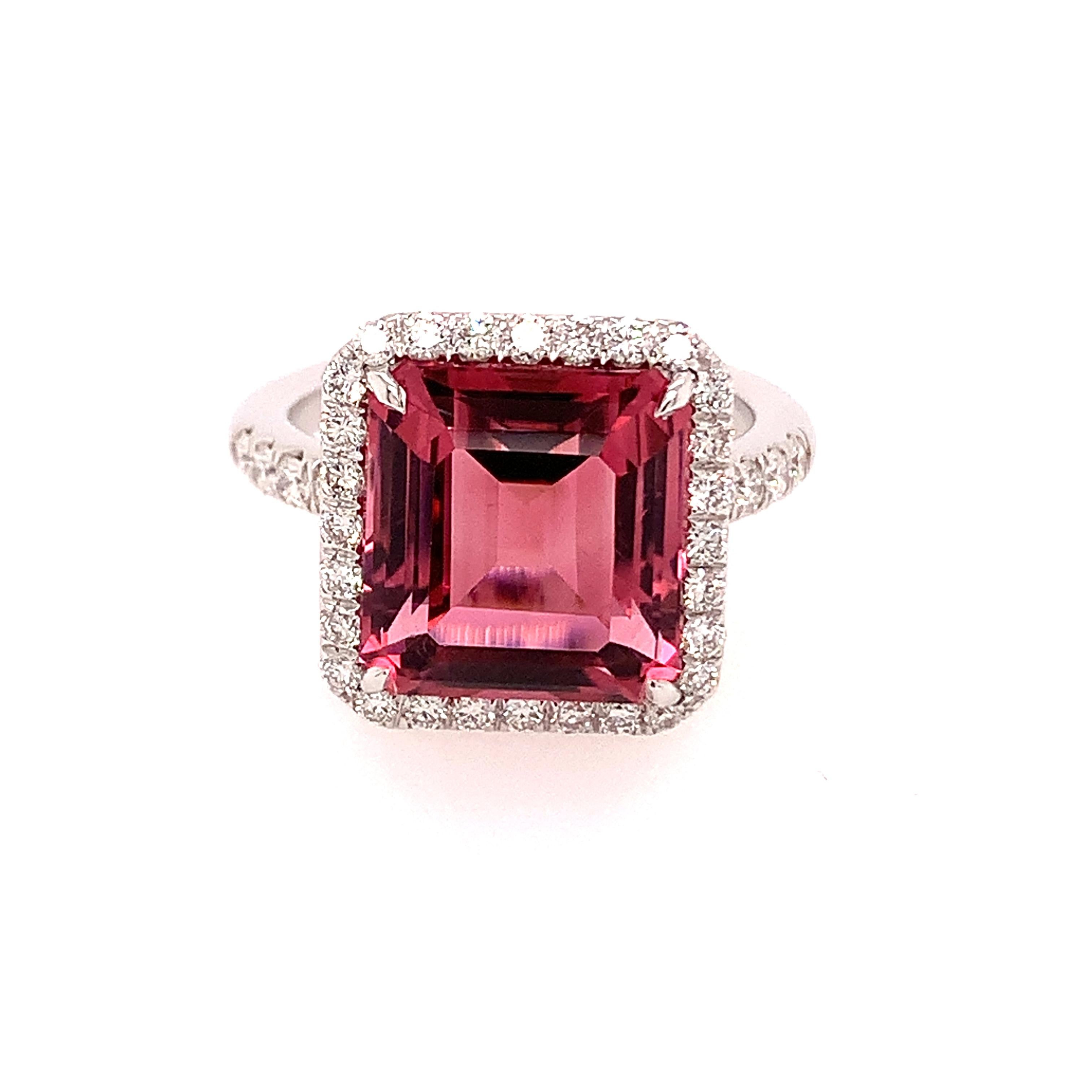 18kt White Gold One of A Kind Ring with Square Pink Tourmaline and Diamonds In New Condition In Valenza, IT