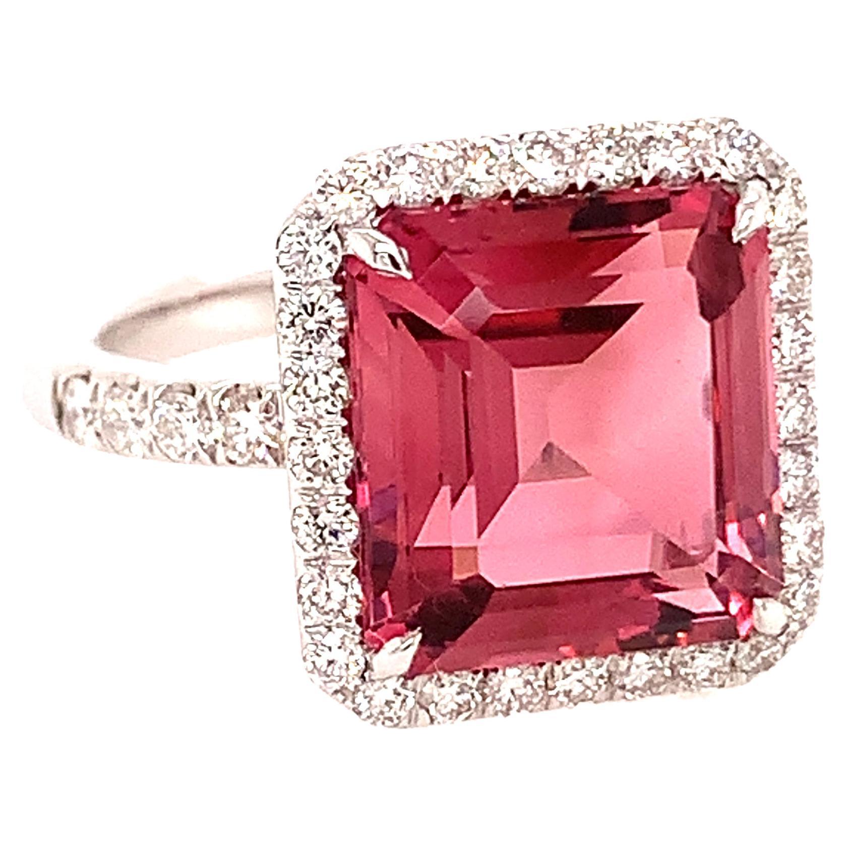 18kt White Gold One of A Kind Ring with Square Pink Tourmaline and Diamonds