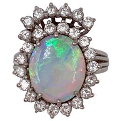 18 Karat White Gold Opal and Cluster Diamond Ring