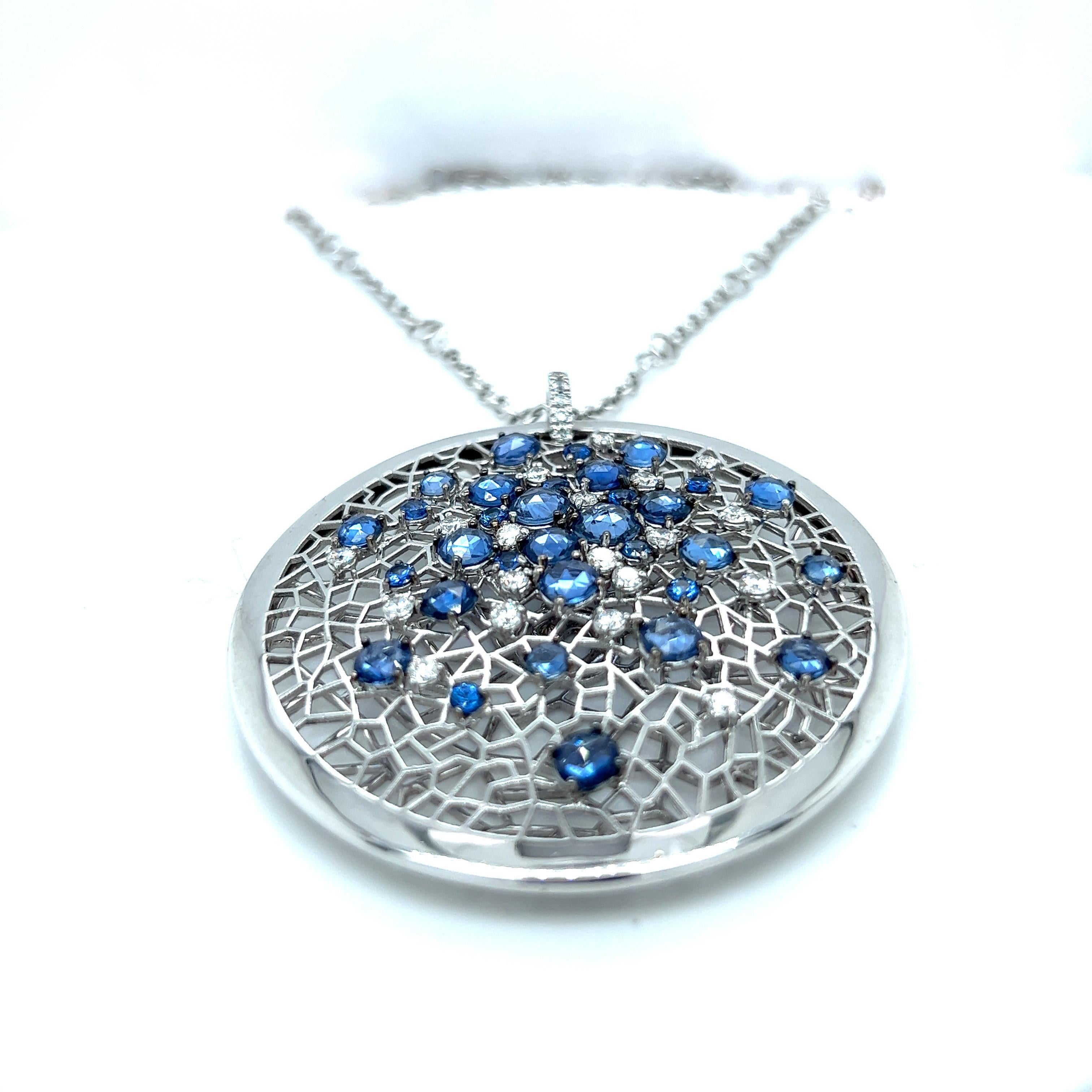 Contemporary 18kt White Gold Open Work Pendant with 9.24ct Sapphires & 1.70 Ct Diamonds For Sale