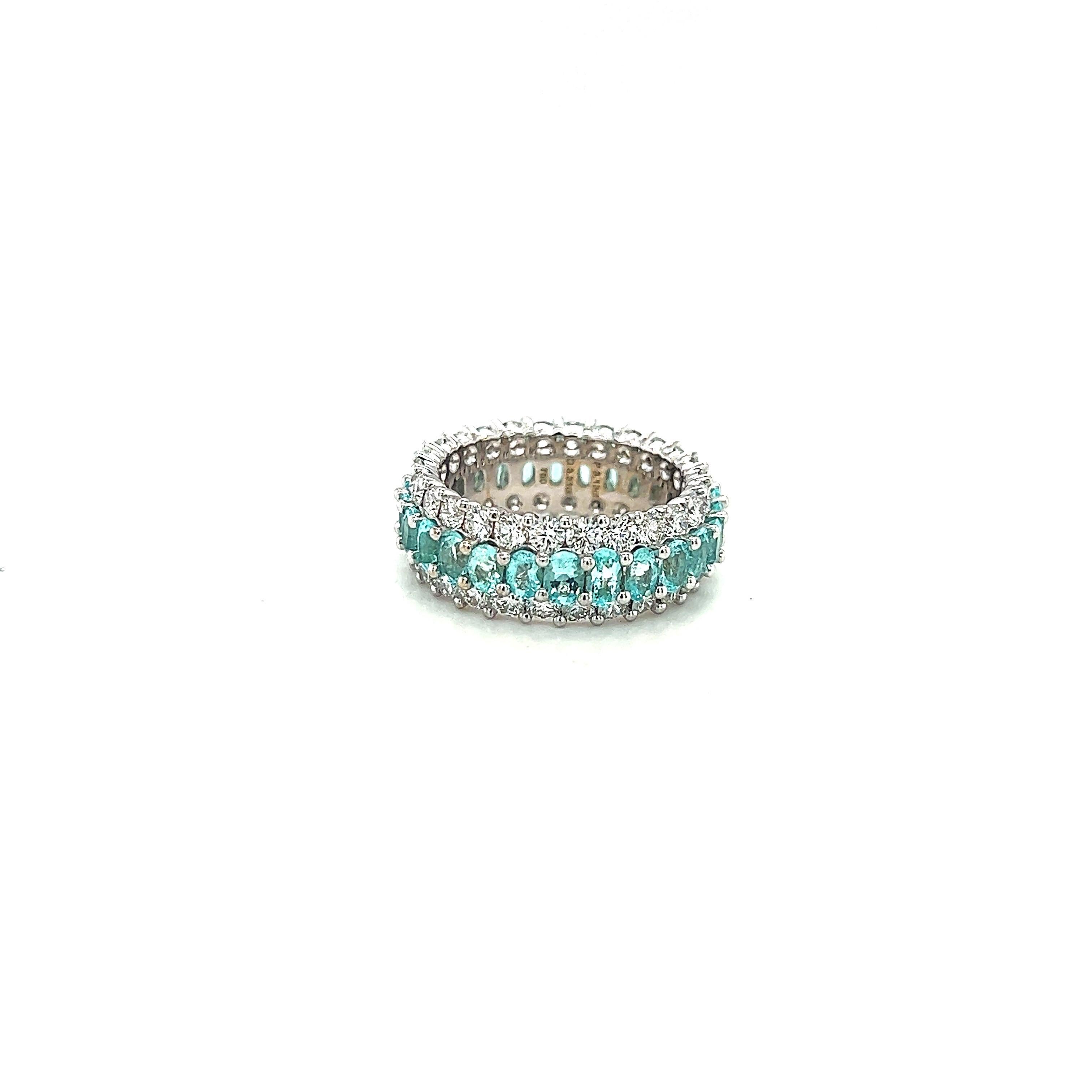 Modern 18KT White Gold Oval Blue Tourmaline 3.13Cts & Brilliant Diamond 3.31Cts. Band For Sale