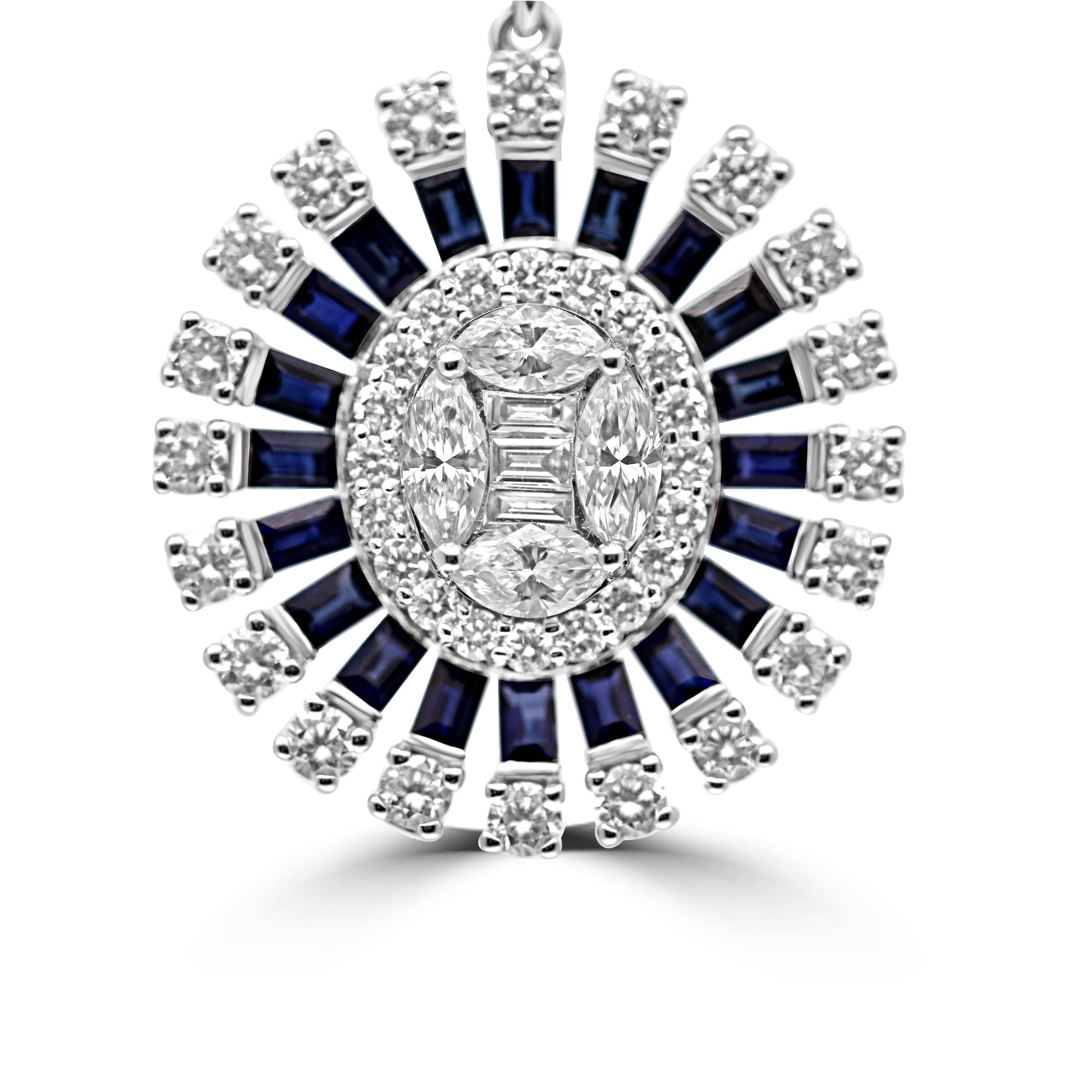 Gorgeous pendant necklace that will stand out in any occasion.
Diamonds and sapphire gemstones mounted in 18kt white gold.
1.48ct of fancy shape diamonds, marquise, baguettes and brilliant cut diamonds,
set with 1.01ct deep blue elongated baguette