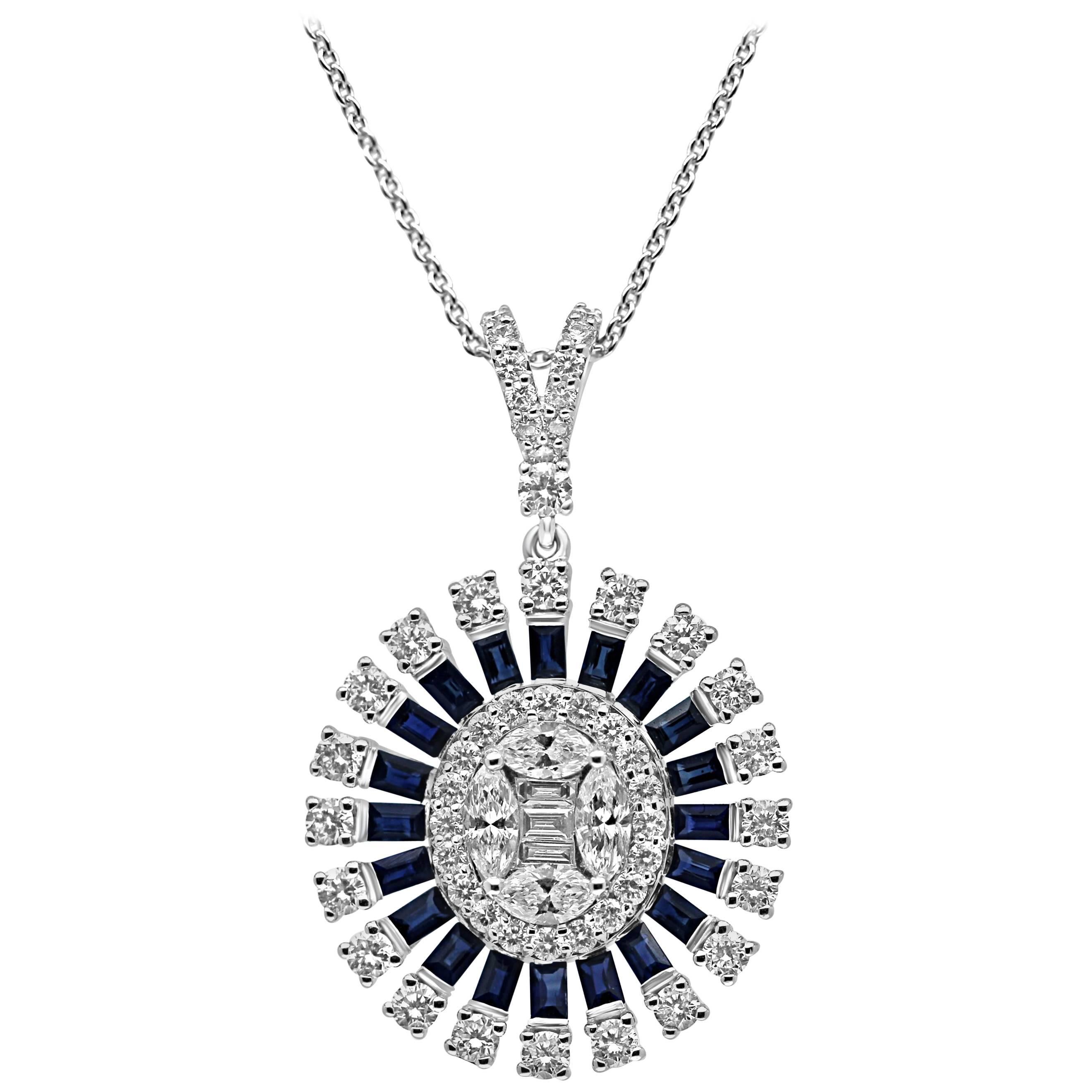 18Kt White Gold Oval Cluster Necklace Pendant  Diamonds and Sapphire Gemstones