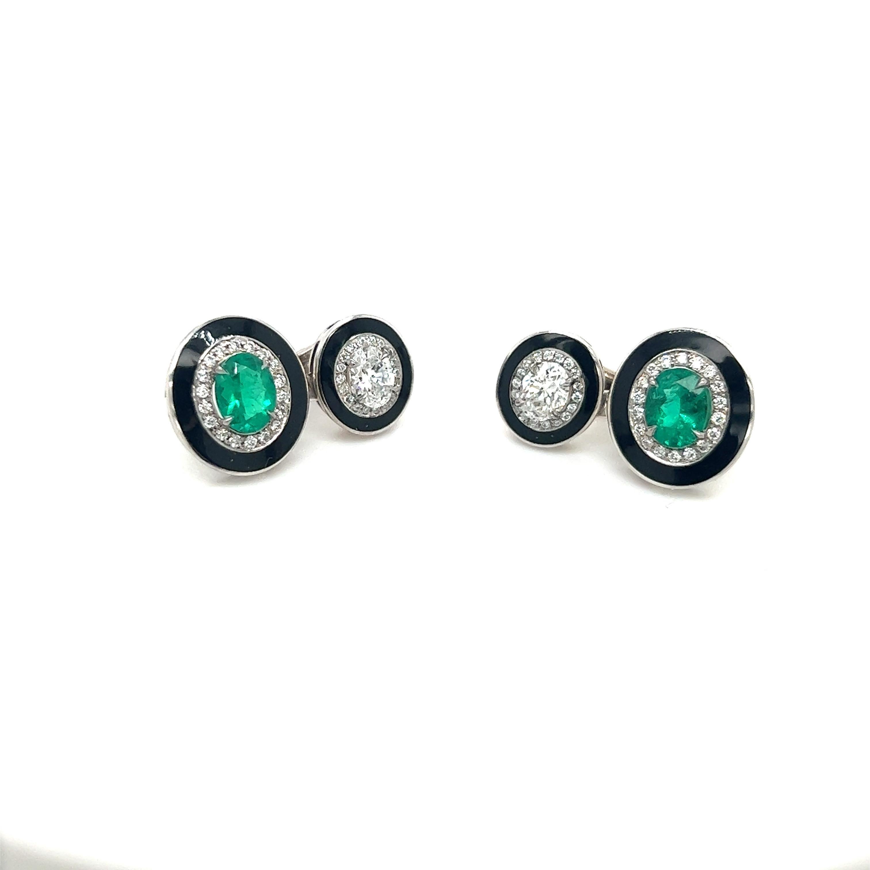 18KT White Gold Oval Emerald and  Diamond Drop Earrings In New Condition For Sale In New York, NY