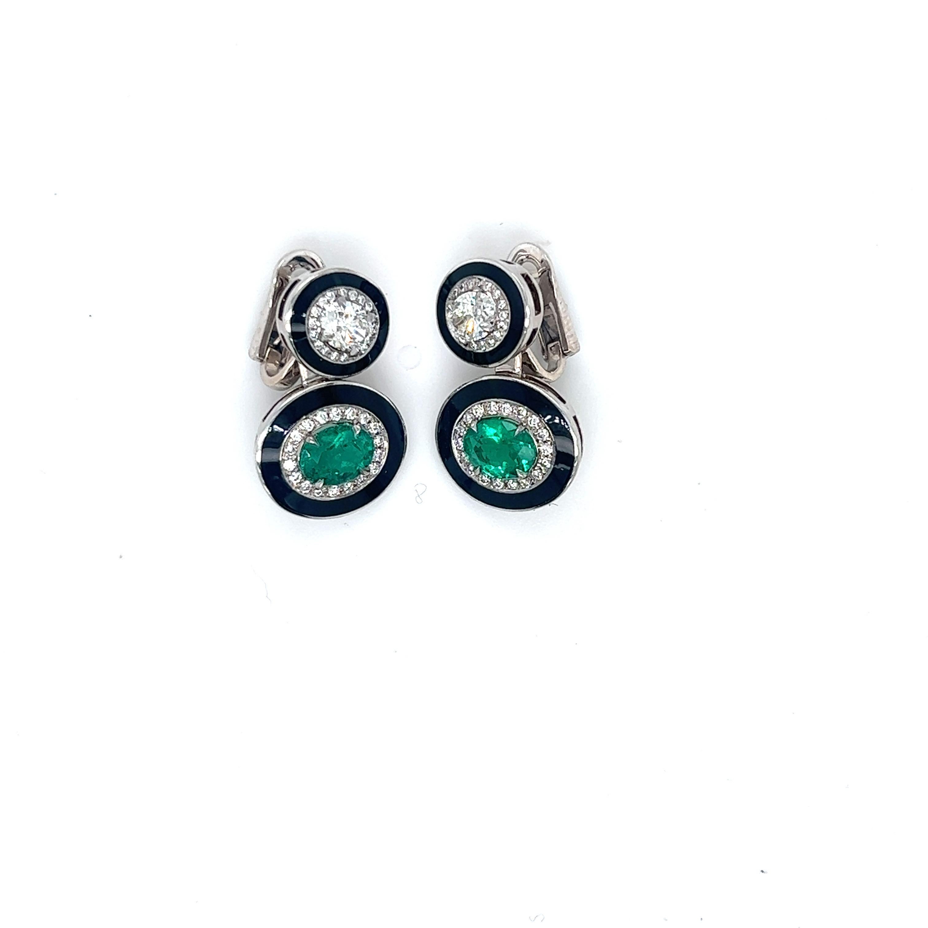 Women's or Men's 18KT White Gold Oval Emerald and  Diamond Drop Earrings For Sale