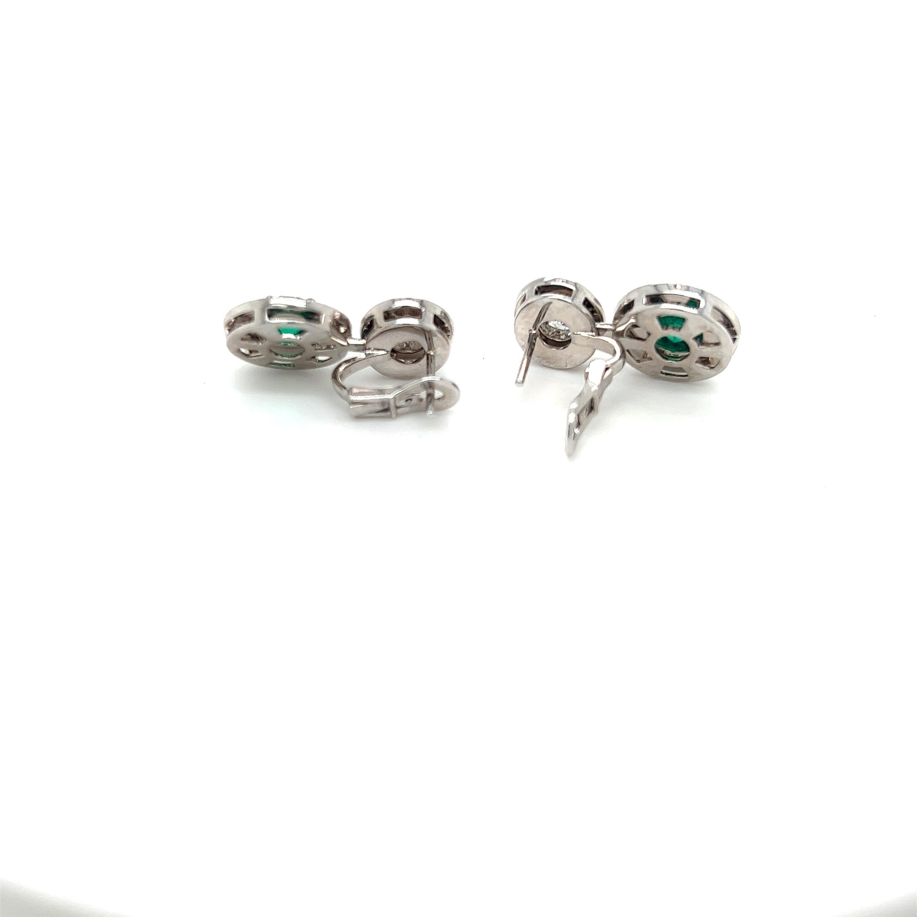 18KT White Gold Oval Emerald and  Diamond Drop Earrings For Sale 2