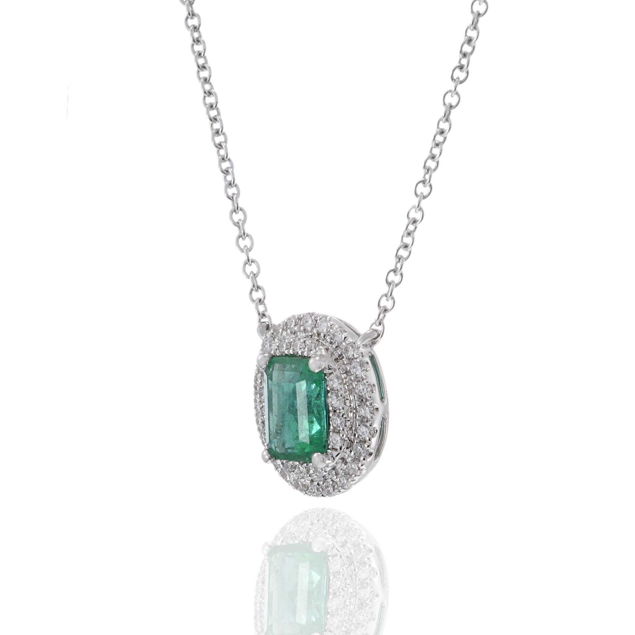 Oval Cut 18KT White Gold Oval Emerald and Diamond Pendant with Chain For Sale