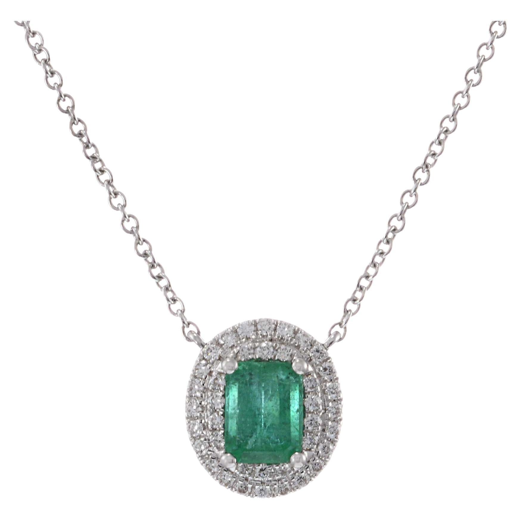 18KT White Gold Oval Emerald and Diamond Pendant with Chain