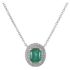 18KT White Gold Oval Emerald and Diamond Pendant with Chain