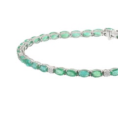 Bracelet de tennis en or blanc 18KT avec émeraude ovale et diamant - 7" pouces