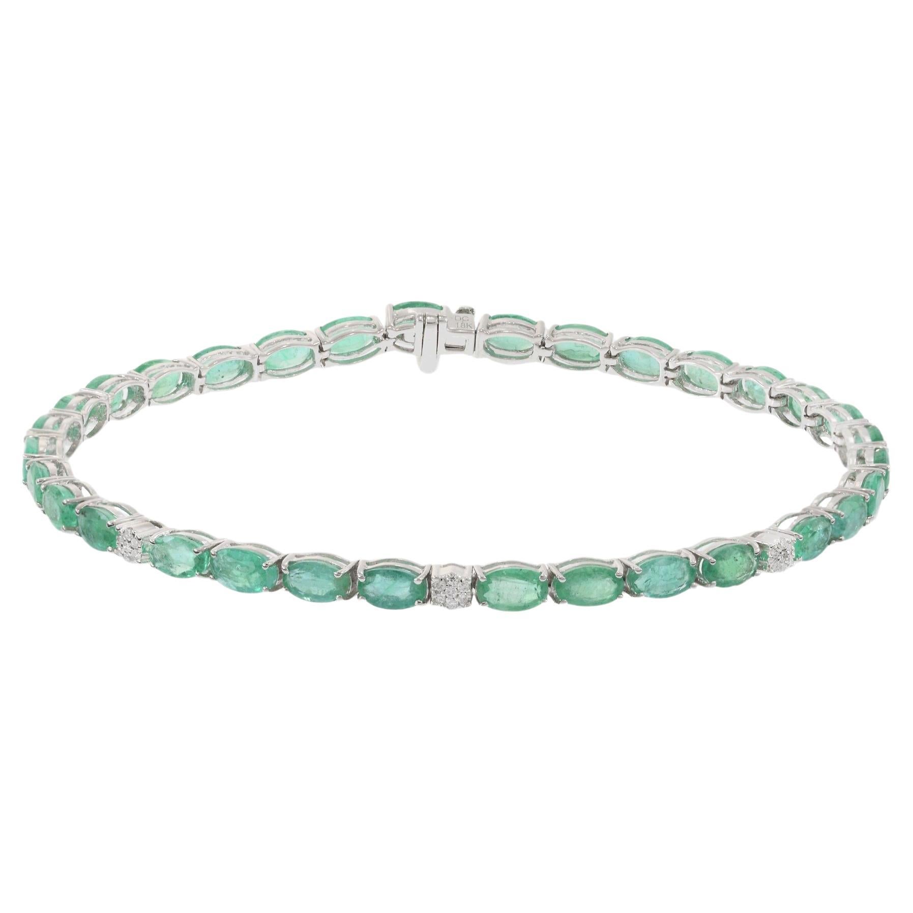 18KT White Gold Oval Emerald and Diamond Tennis Bracelet – 7" Inch For Sale