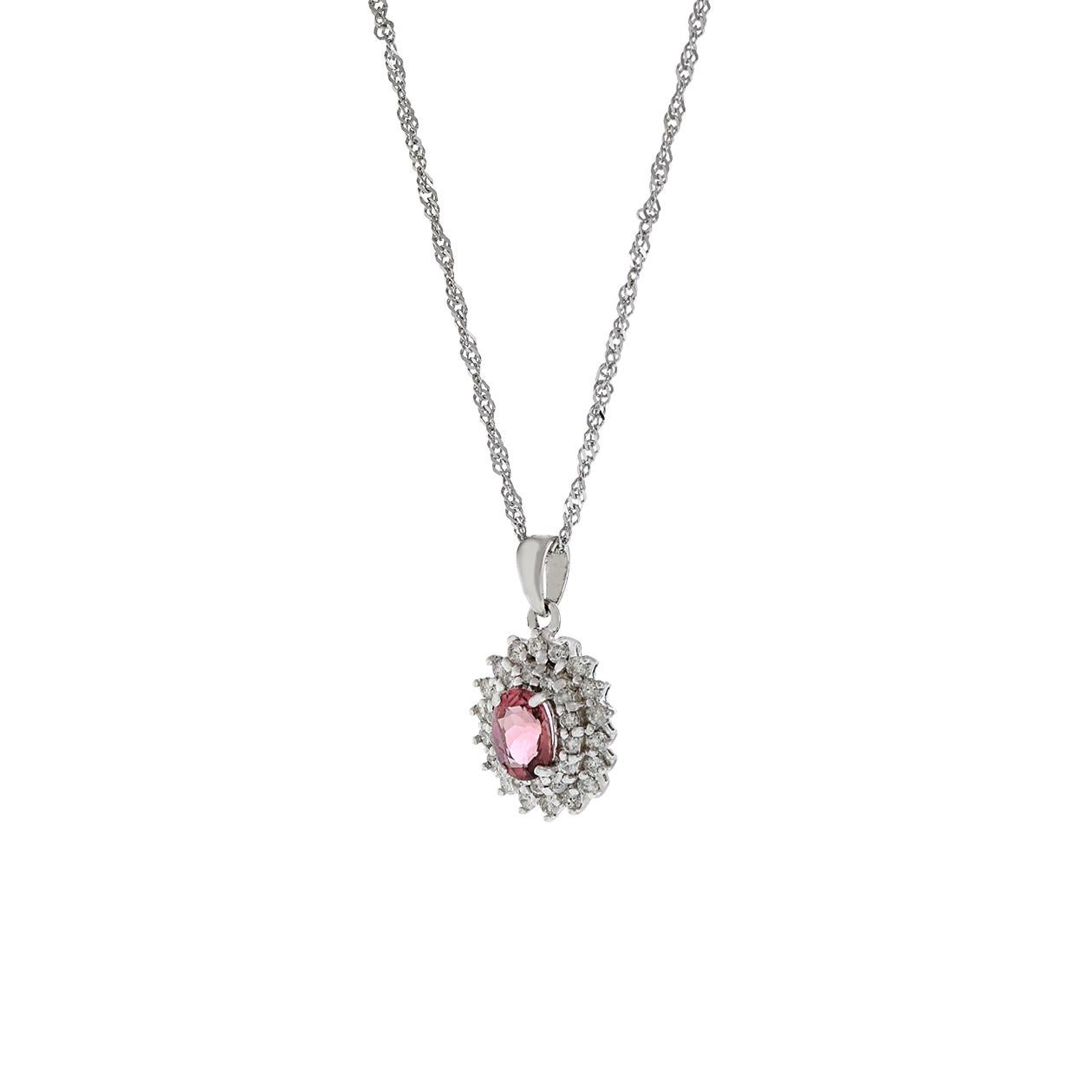 Modern 18KT White Gold Oval Pink Sapphire And Diamond Pendant Necklace
