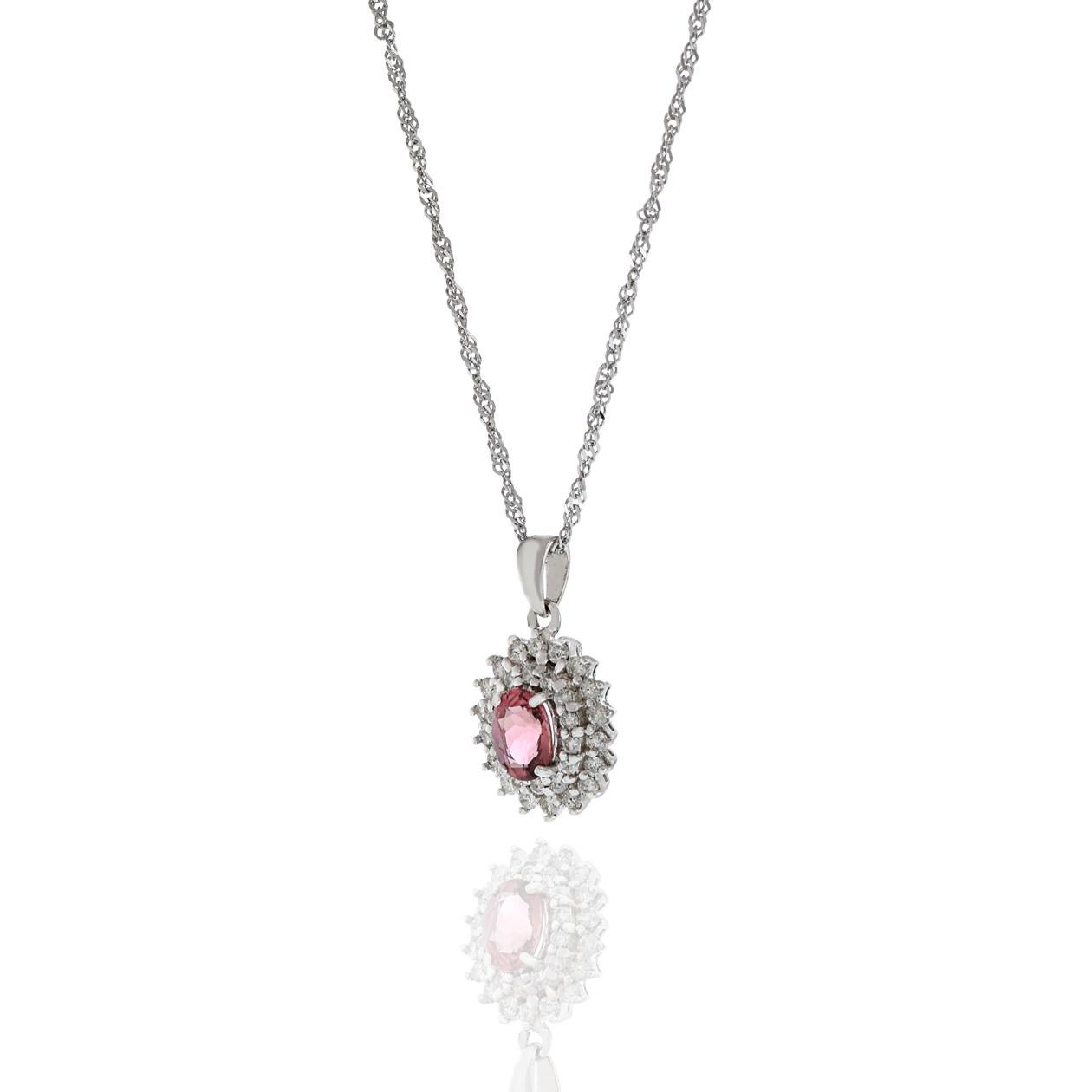 Oval Cut 18KT White Gold Oval Pink Sapphire And Diamond Pendant Necklace