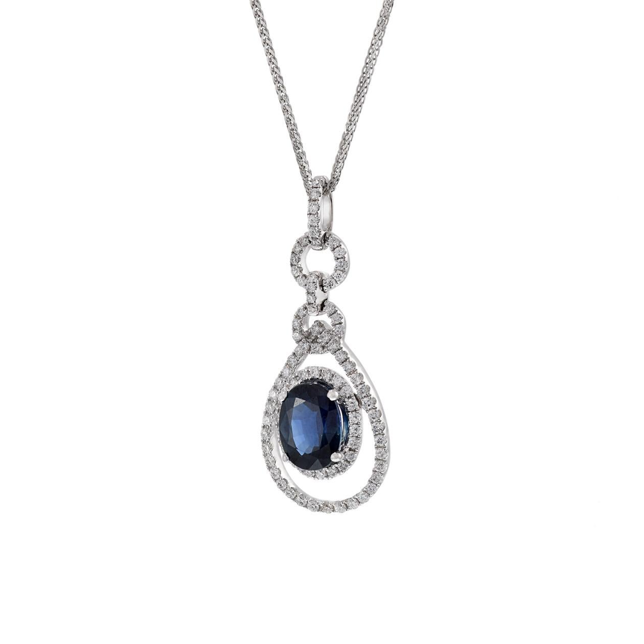Modern 18KT White Gold Oval Sapphire And Diamond Drop Pendant Necklace For Sale