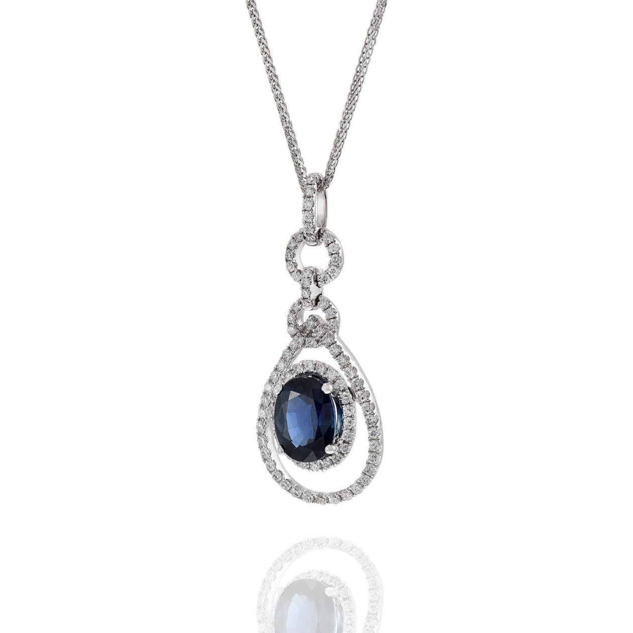 Oval Cut 18KT White Gold Oval Sapphire And Diamond Drop Pendant Necklace For Sale