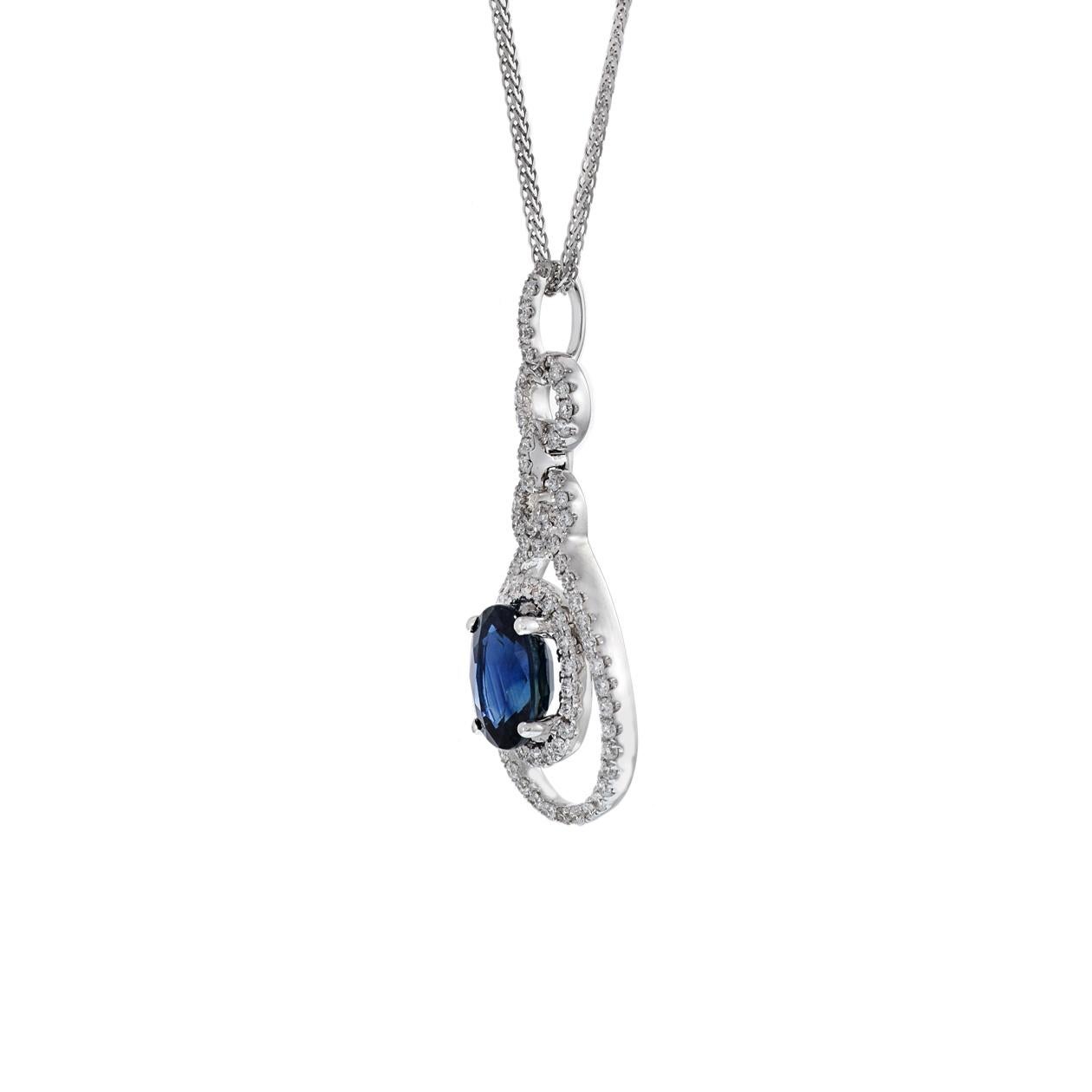 18KT White Gold Oval Sapphire And Diamond Drop Pendant Necklace In New Condition For Sale In New York, NY