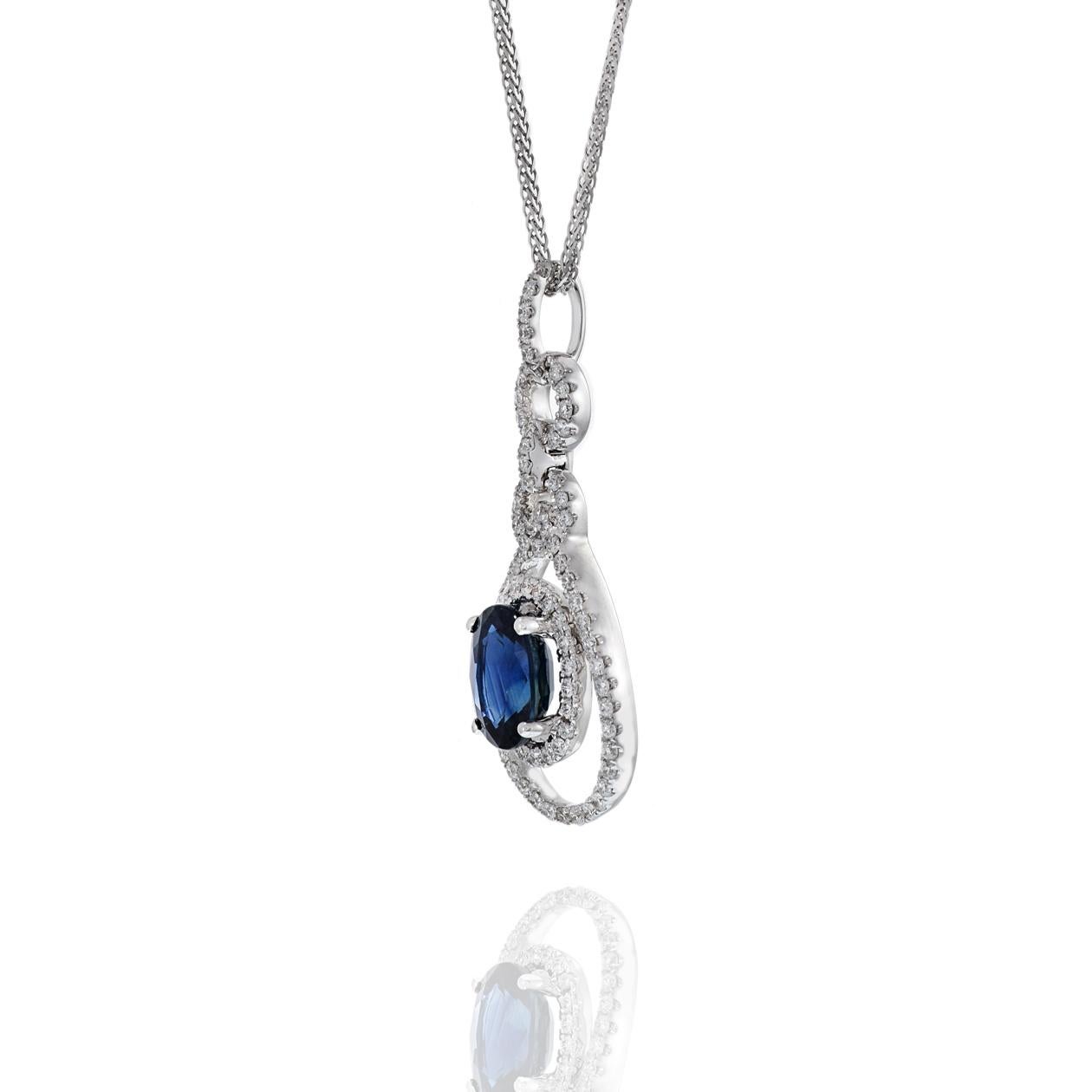 Women's 18KT White Gold Oval Sapphire And Diamond Drop Pendant Necklace For Sale