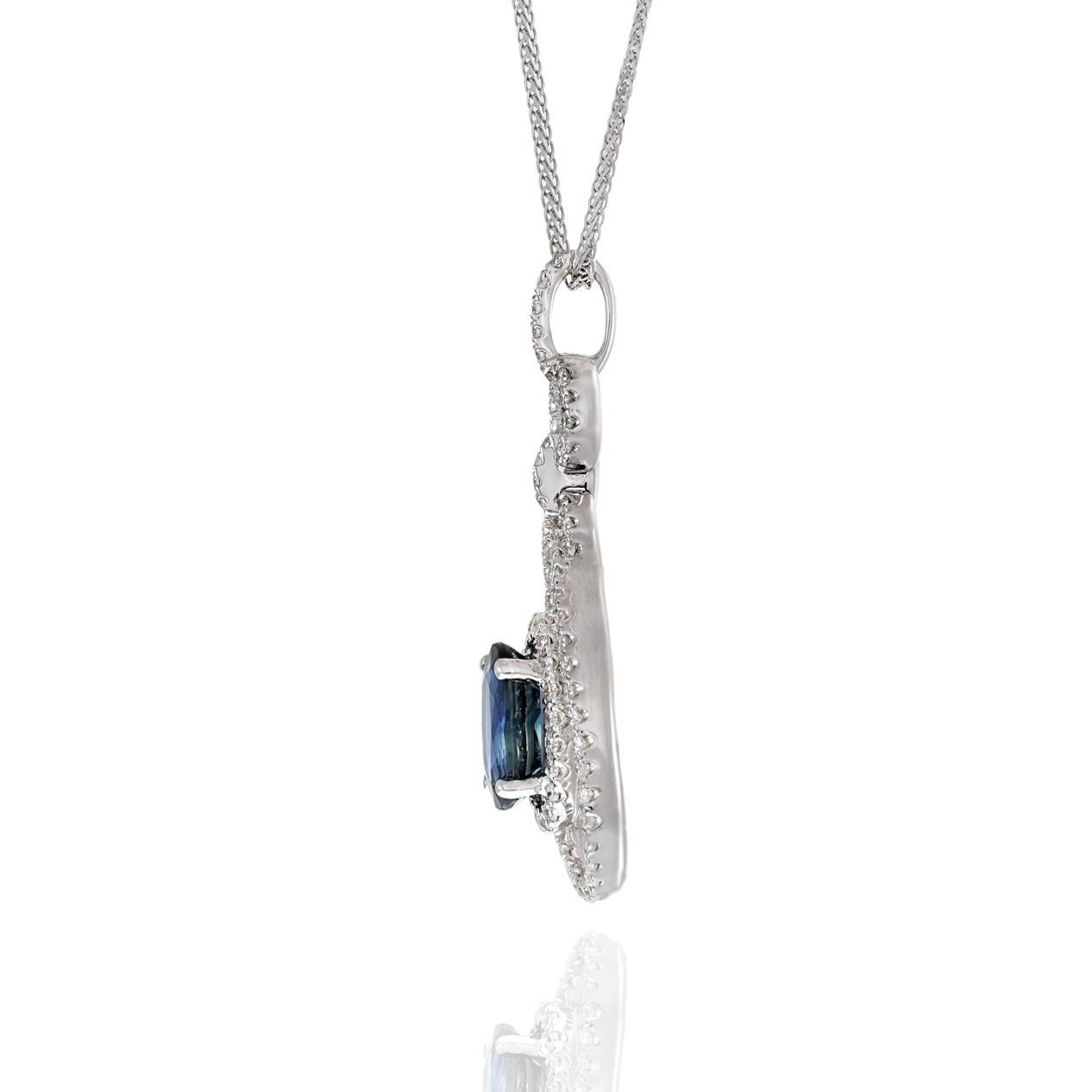 18KT White Gold Oval Sapphire And Diamond Drop Pendant Necklace For Sale 2