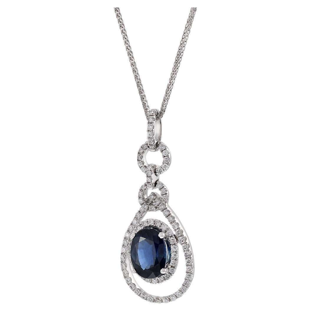 18KT White Gold Oval Sapphire And Diamond Drop Pendant Necklace