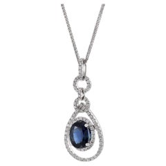18KT White Gold Oval Sapphire And Diamond Drop Pendant Necklace